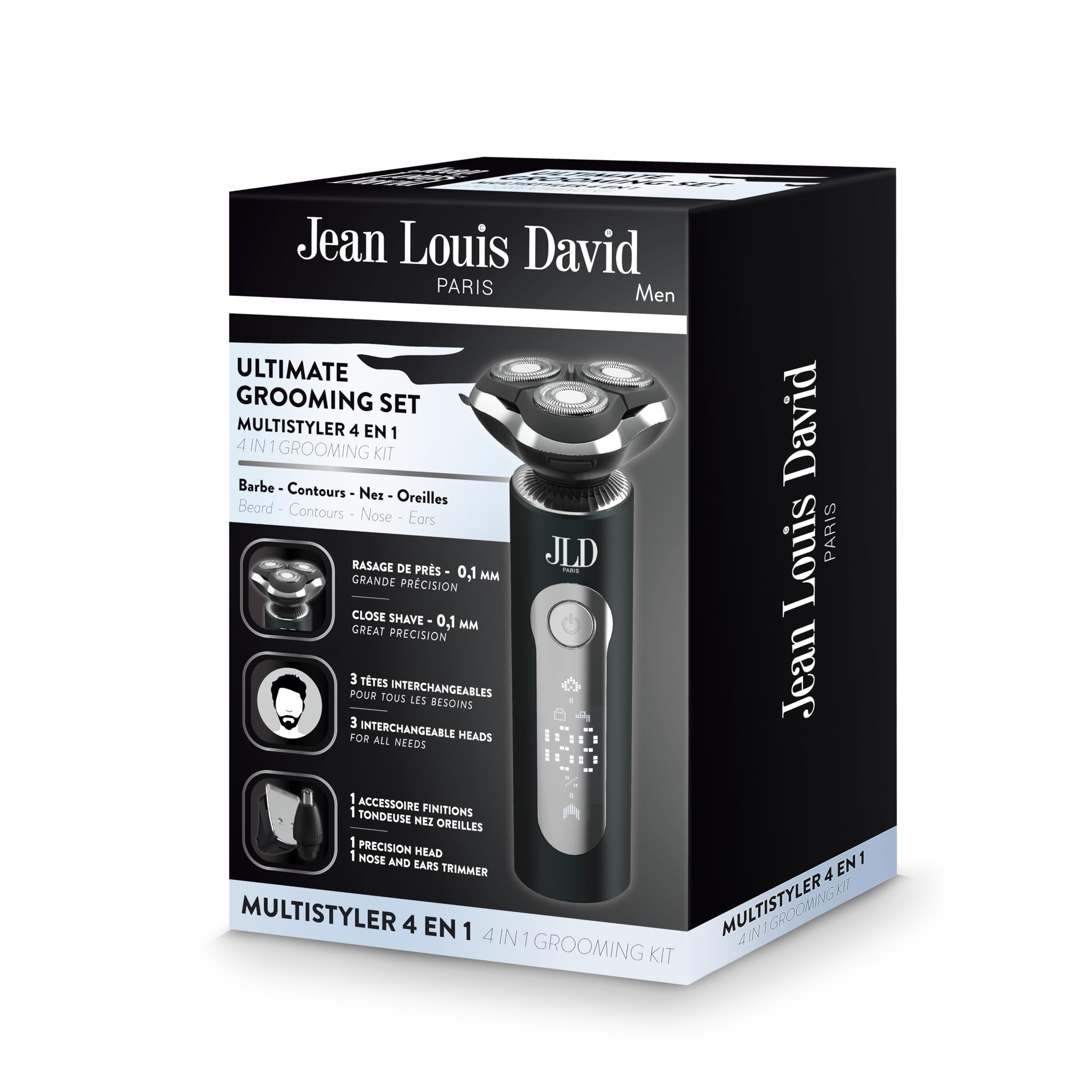 Jean Louis David Elektrischer Bartrasierer 4 in 1 – 0,1 mm Rasur – Nase, Ohren und Oberflächen – präzise schwimmende Köpfe – wiederaufladbarer Lithium-Akku USB-C – Komplett-Set Grooming Herren