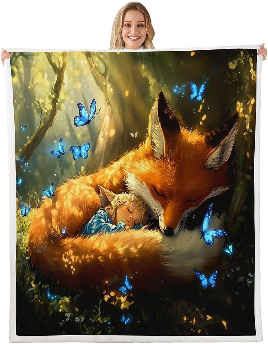 Cartoon Fox Flannel Fleece Blanket,Cute Girl Butterfly Animal Super Soft Blanket for Bed Sofa Couch,Natural Landscape Bed Blanket for Bedroom Decor,Twin 60"x80"