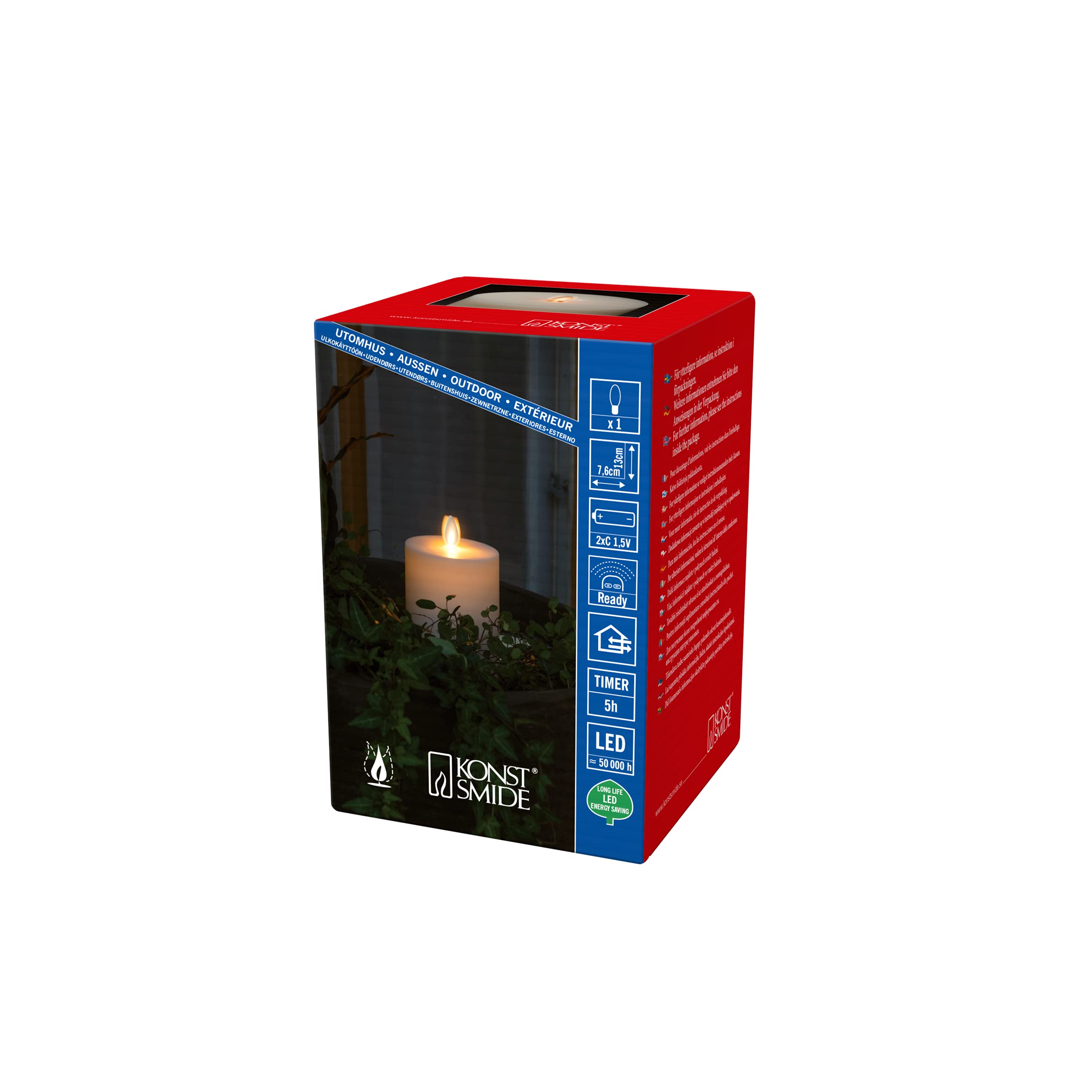 Konstsmide LED Kerze, cremeweiß, 5H Timer, fernbedienbar, zugehörige Fernbedienung: 1651-700, 1 warm weiße Diode, batteriebetrieben, Außen, Batterie: 2 x C 1, 5V (exkl.) - 1634-115, 13 cm