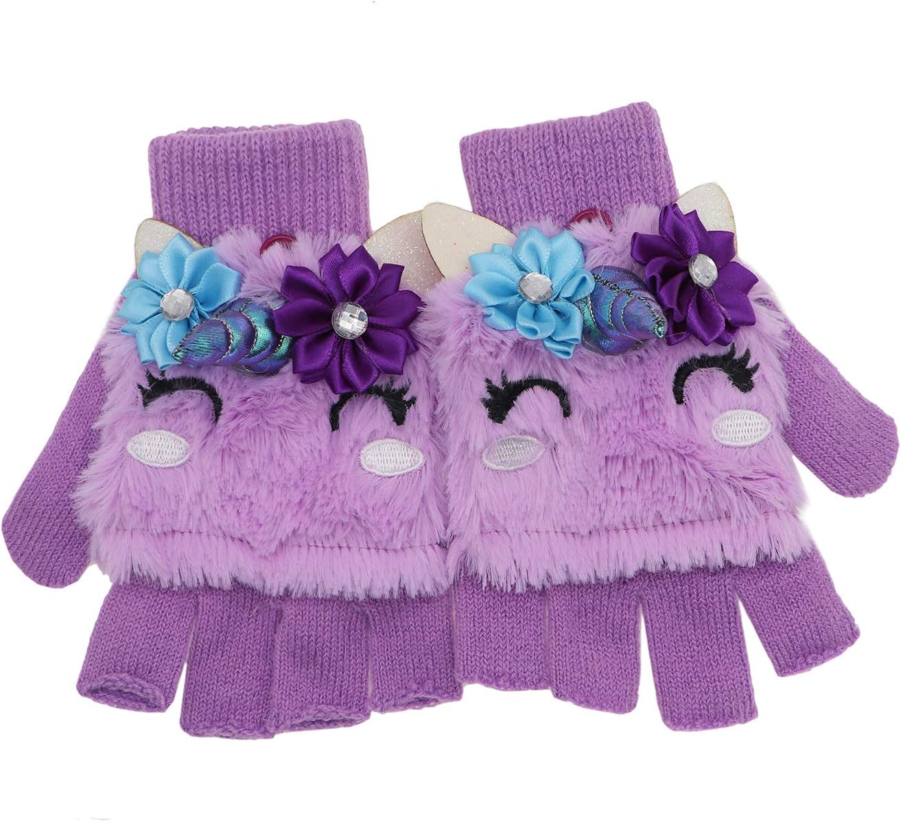 Little Girls Winter Unicorn Beanie Hat and Gloves Set Kids Knitted Earflap Cap Flip Top Mitten Set - Image 4