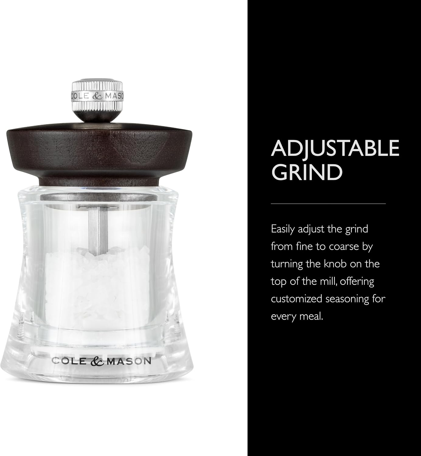 Cole & Mason Holborn Acrylic Salt Mill - Compact Hand Grinder - Acrylic Kitchen Tool with Adjustable Grind Setting - Easy-to-Clean Grinder with Premium Design - Chocolate Salt Mill, 3.75"