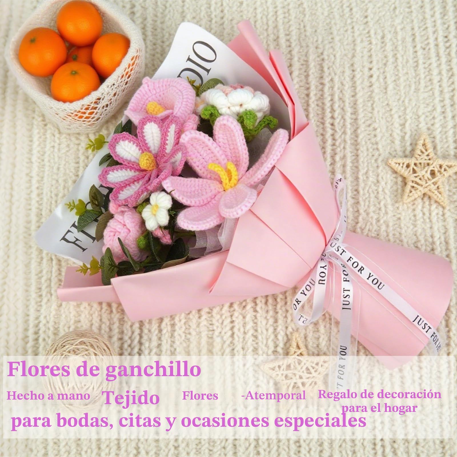 Ramo de flores de punto de ganchillo de rosas para decoración del hogar, aniversarios, bodas, cumpleaños, día de la madre con bolsa de regalo y tarjeta de felicitación, rosa