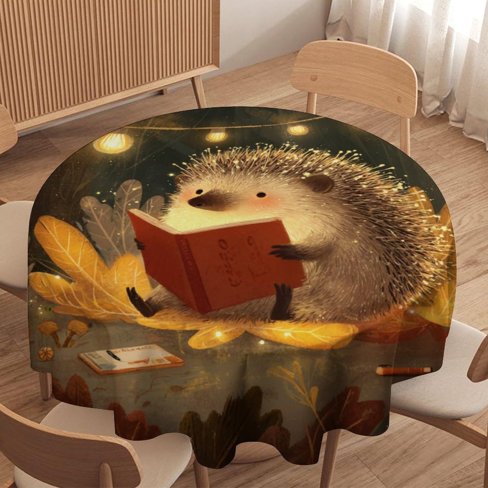 LUYYSKY Funny Cartoon Cute Hedgehogs Round Tablecloth Modern Retro Autumn Plants Maple Leaves Animals Hedgehogs Print Washable Decor for Table Cover for Kitchen-177.8" Wx177.8 L cm