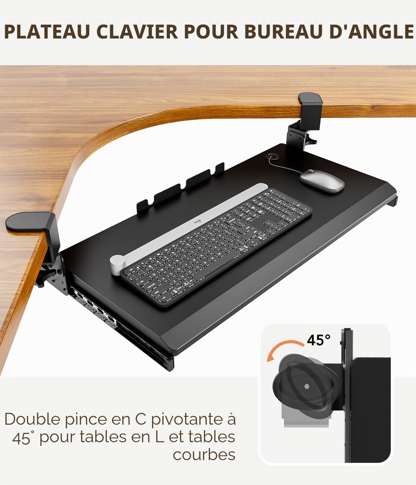 Hemudu Plateau de clavier extractible sous le bureau avec système de fixation en C extra robuste, 27,3 cm (82,5 cm y compris les pinces) x 27,9 cm, plateforme coulissante pour taper sur ordinateur