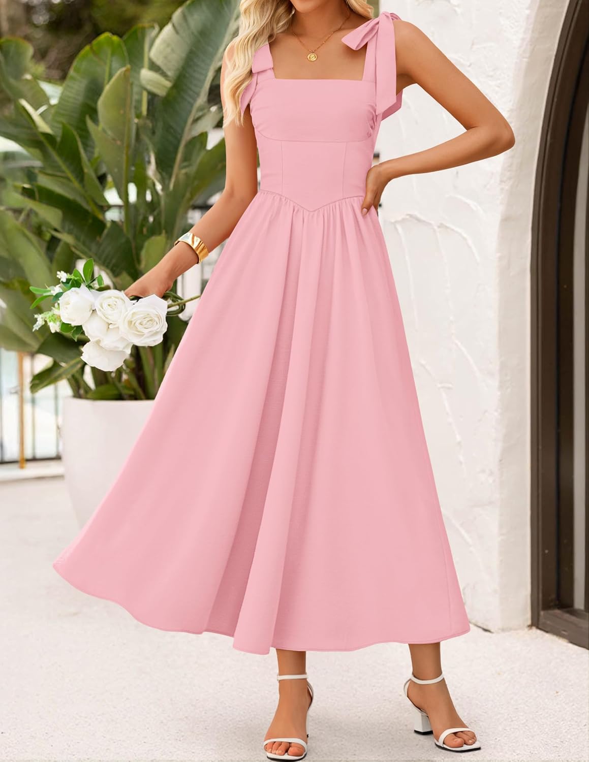 ZESICA Women's Summer Spaghetti Strap Maxi Dress 2026 Tie Shoulder Square Neck Flowy Wedding Guest Party Beach Long Dresses - Image 2