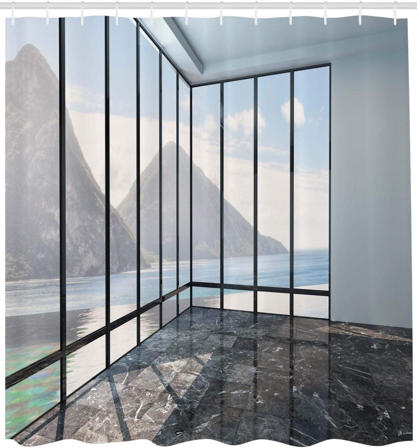 Ambesonne White Shower Curtain, Mountain Ocean Sea Clouds Scenery from Glass Window Photograph, Cloth Fabric Bathroom Decor Set with Hooks, 69" W x 84" L, Charcoal Grey Sky Blue