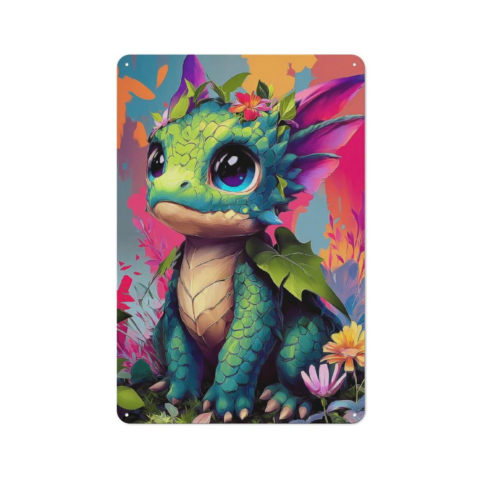 Junmoney Magical Baby Dragon In Flowers Tin Wall Plaque 30X20cm With For Bar Or Restaurant, Suited To Restaurant Interior Fans