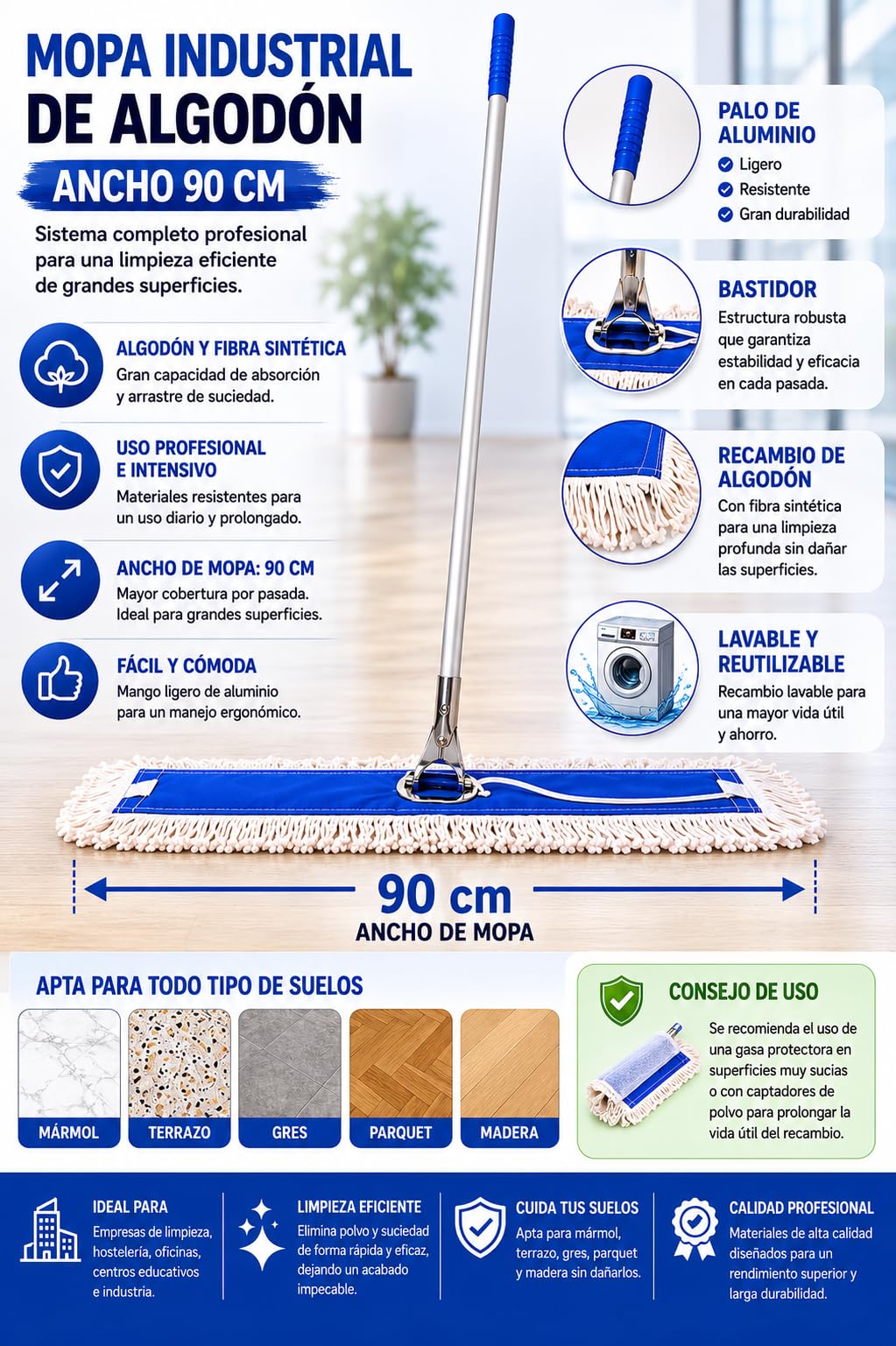 Mopa Industrial de Algodón con Palo de Aluminio 130 cm | Sistema Completo con Bastidor y Recambio Profesional | Limpieza de Suelos Mármol, Gres, Terrazo y Parquet (90 cm)