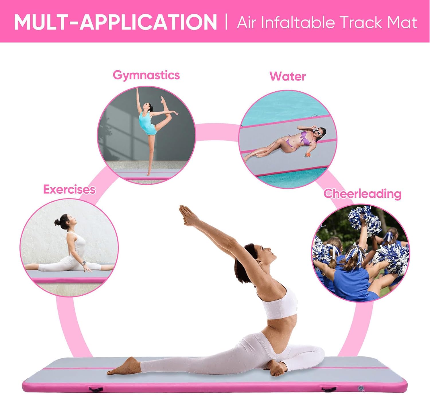 Luocute Inflatable Gymnastics Mat, Thick PVC 0.4mm Durable Noiseless Training Mat 6.6 x 3.3ft with Anti Lost Rope, for Home School Gym Park Workout Fitness Yoga Pilates