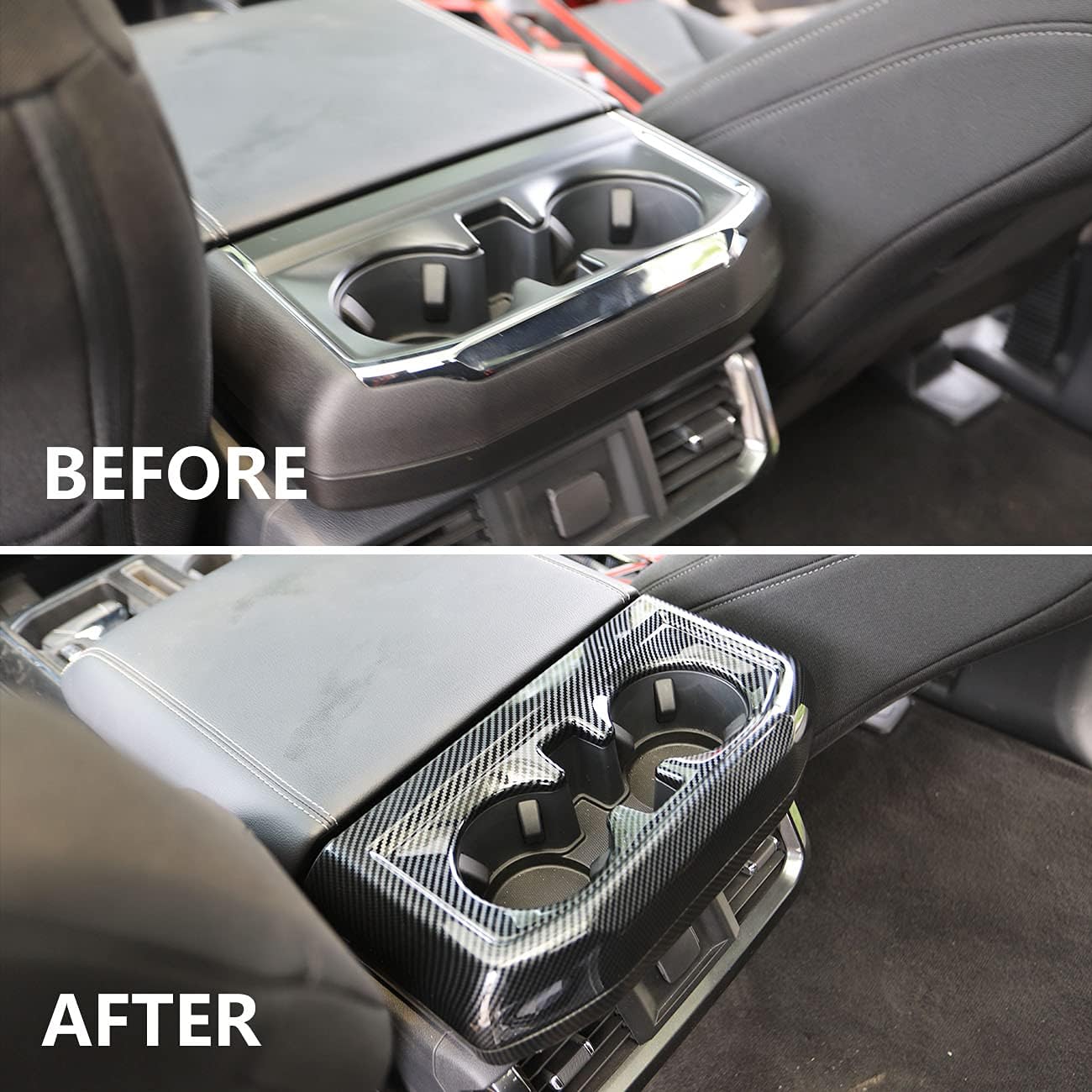 Korlot Carbon Fiber Inner Rear Cup Holder Trim Cover Panel Kit for Ford F150 2021+