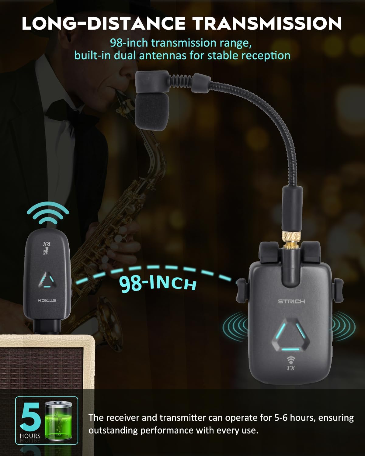 STRICH UHF Rechargeable Wireless Instrument Microphone System with Clip-on Transmitter & Receiver, 99ft Range, Reverb OTG Recording, for Trumpet, Trombone, Saxophone & Brass Instruments