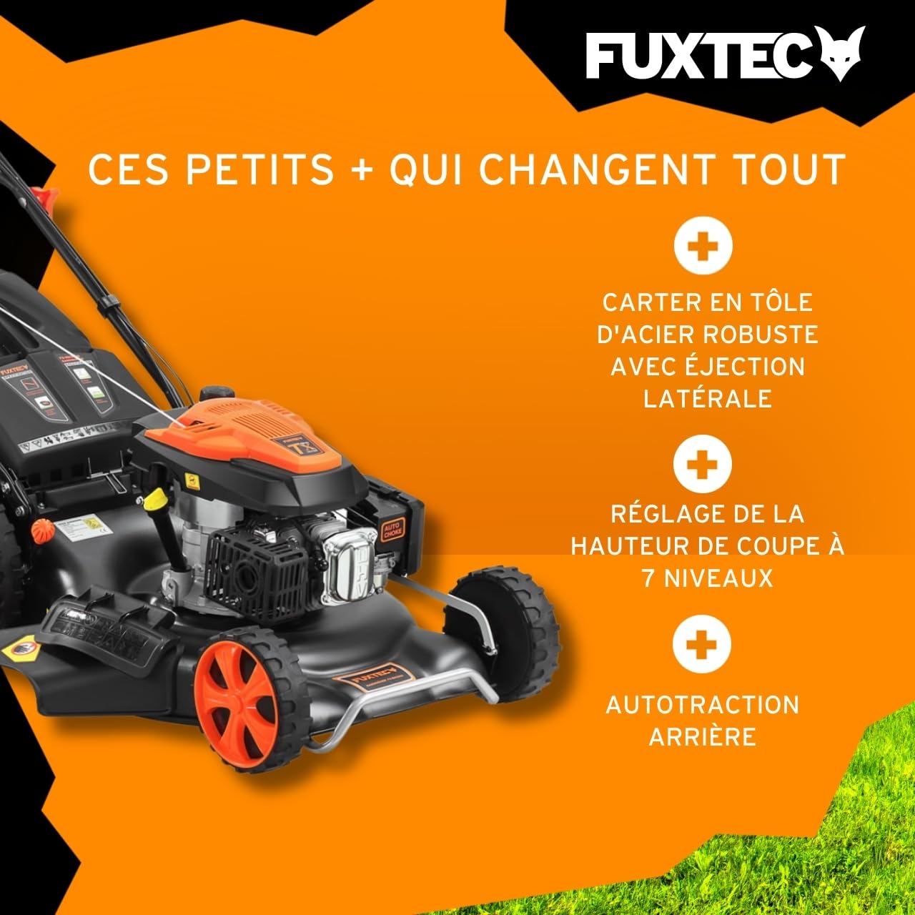 FUXTEC Tondeuse Thermique FX-RM5396 avec Largeur de Travail 53cm autotractée puissante cylindrée 196cm3 Easy Clean 4en1 6CV / 4,4KW Mulching/bac de ramassage 70L