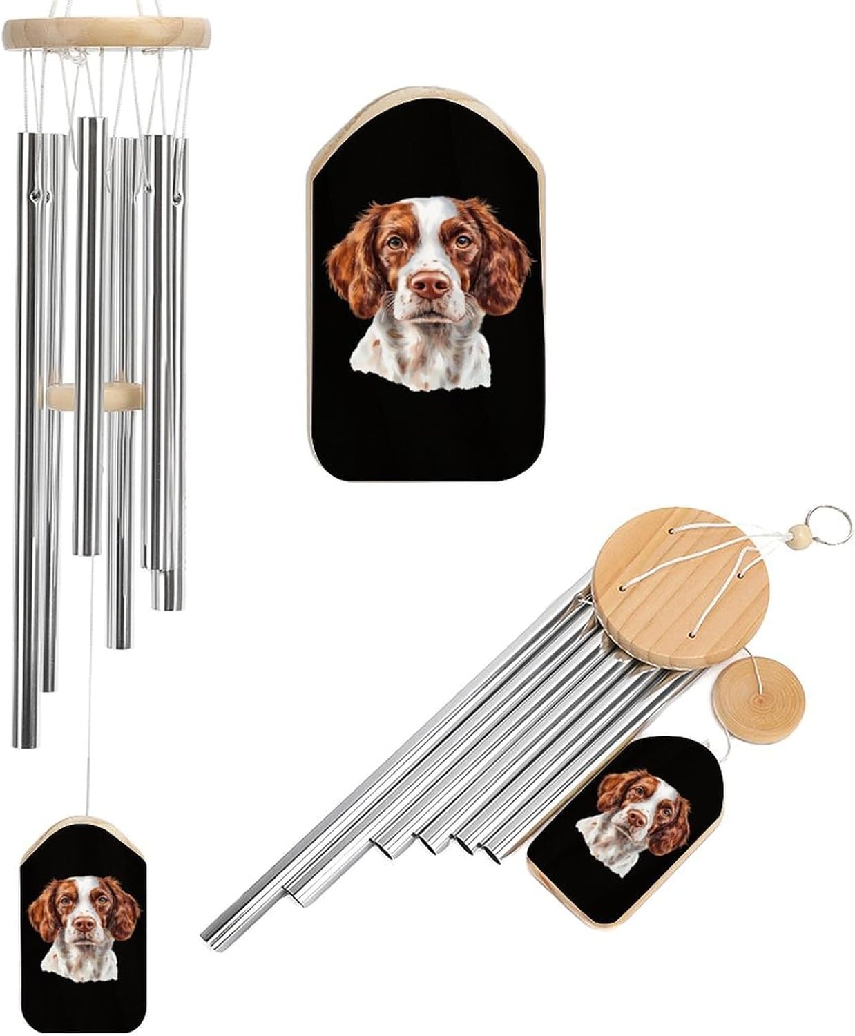 Brittany Spaniel Dog Wooden Wind Chimes Deep Tone Memorial Windchime for Outside Garden Home Decoration