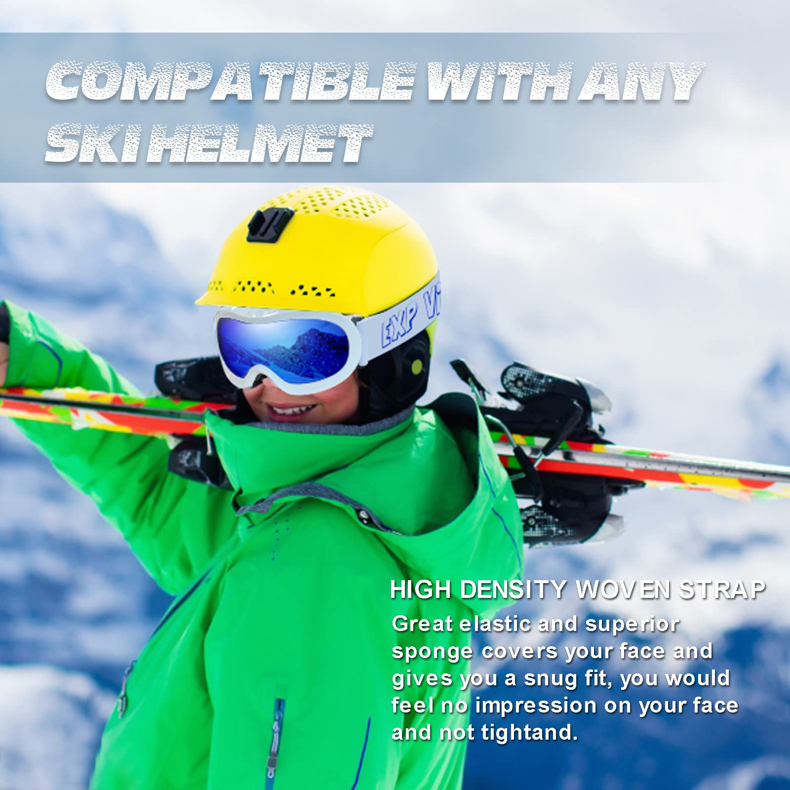 EXP VISION Okulary narciarskie dla dzieci, przeciwmgielne, okulary snowboardowe, z ochroną UV, dwuwarstwowe soczewki, gogle śnieżne dla chłopców, dziewcząt, młodzieży (biała ramka/niebieska soczewka)