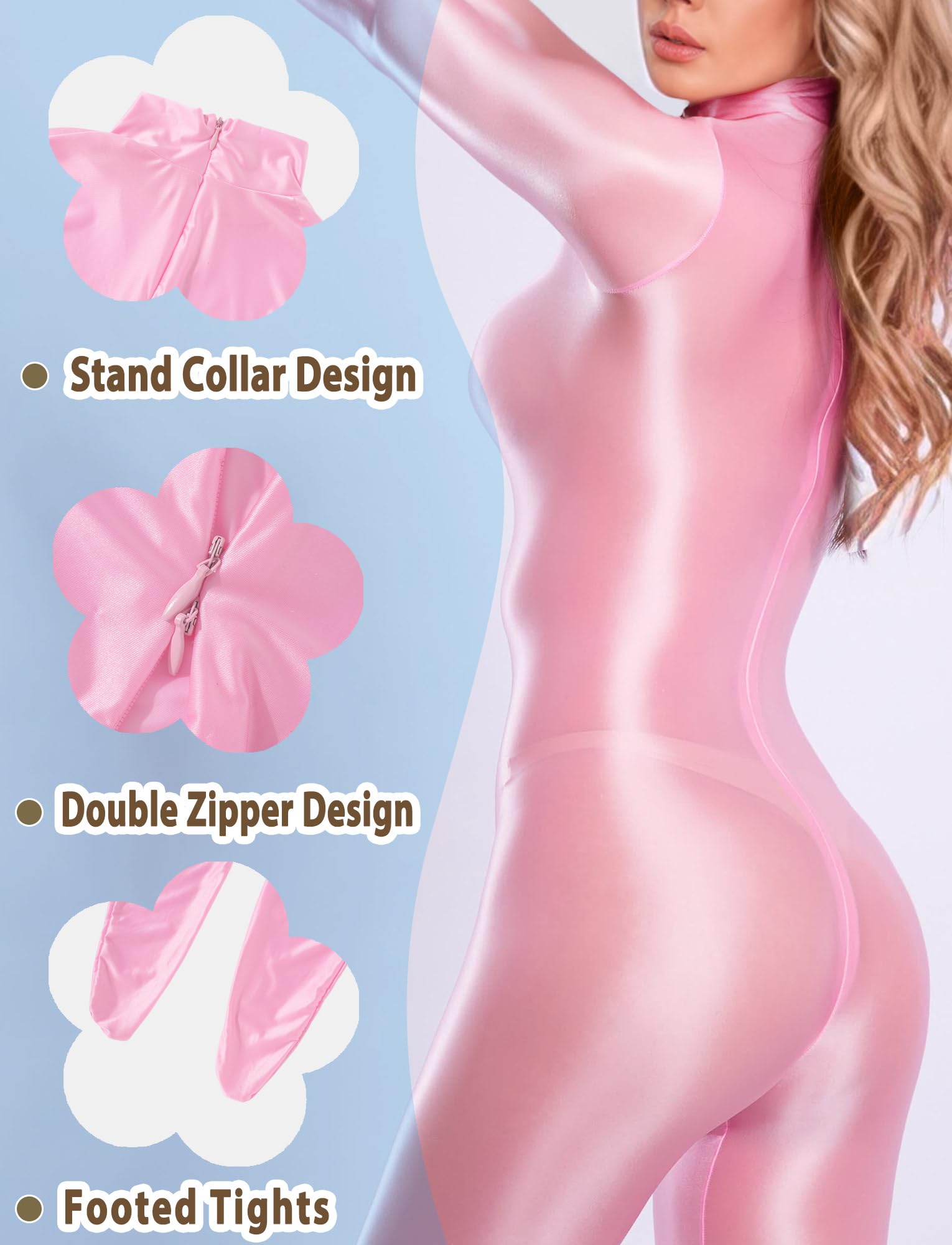 Women’s Shiny Bodysuit Glossy Sheer Long Sleeve Jumpsuit Costume Cosplay Long Sleeve Catsuit Romper Outfit for Club Party Pink - Image 4