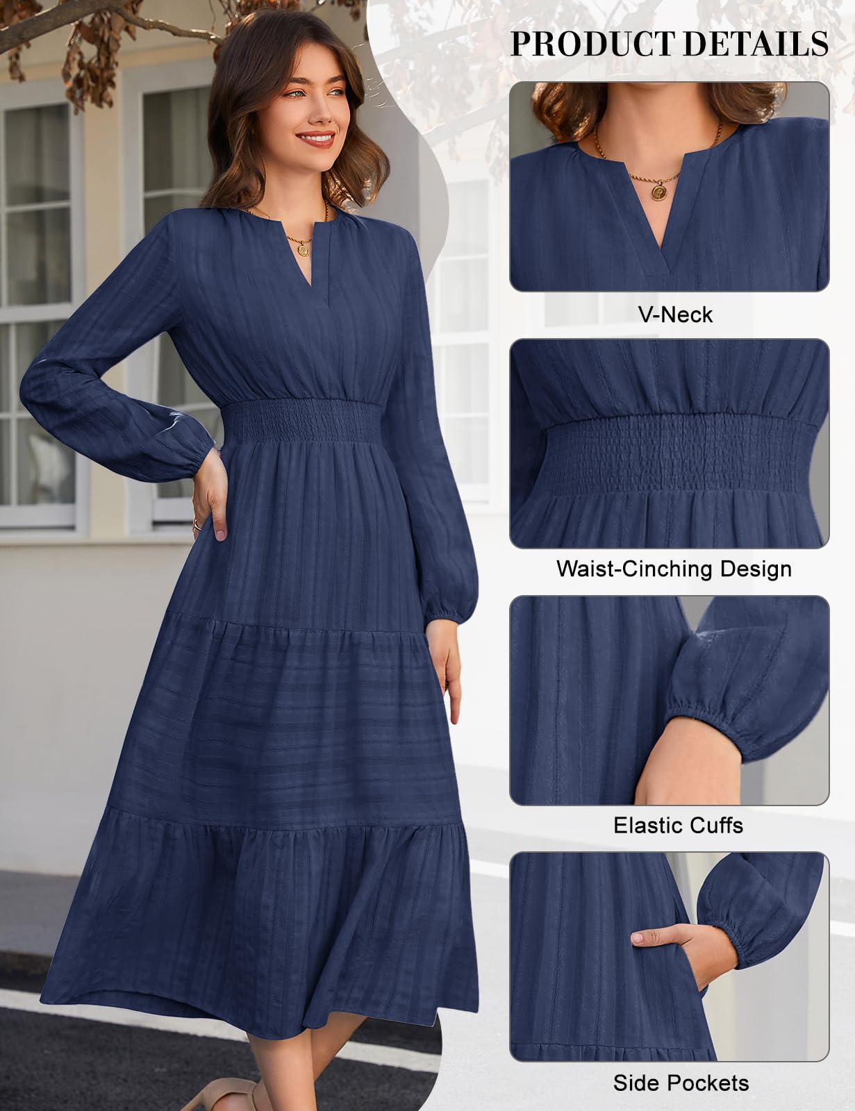Damen Kleid Langarm V-Ausschnitt Herbst