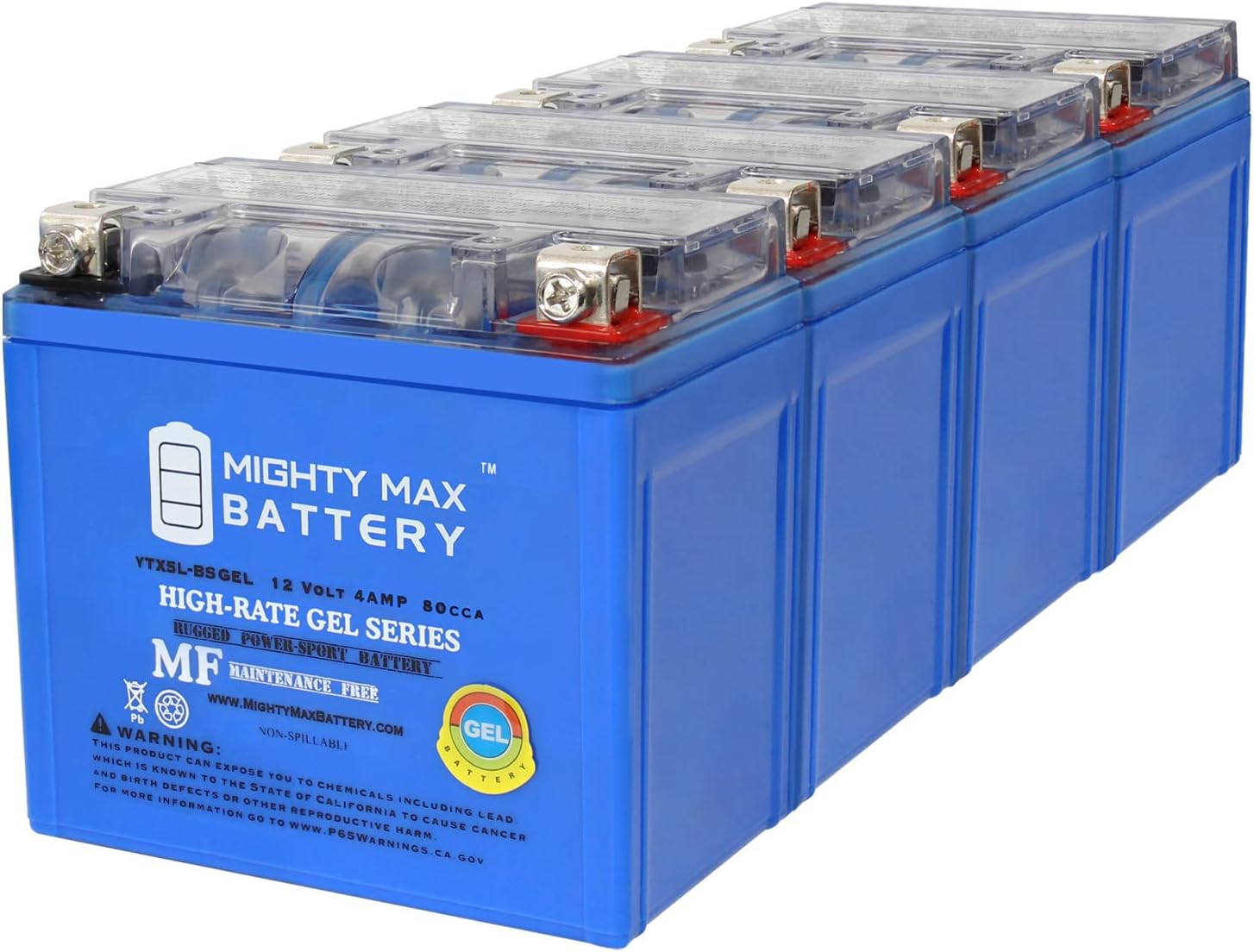 YTX5L-BSGEL MOTORCYCLE BATTERY REPLACEMENT - 12V 4AH 80 CCA - 4 PACK