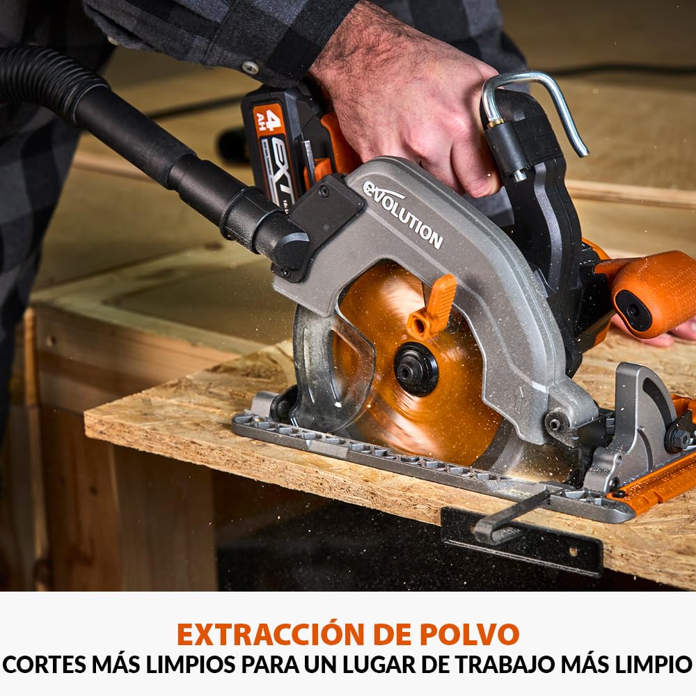 Evolution Power Tools R185CCS-Li Sierra circular sin cable y sin escobillas 18v Li-Ion Incluye hoja TCT Multi-Material Corta Madera, Metal, Plástico, Guía Incluida, Batería y Cargador Incluidos, 185mm