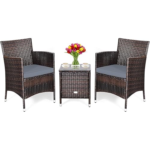 DORTALA 3 Piece PE Rattan Patio Furniture Set, Outdoor Chairs & Table Set with Tempered Glass Top & Cushions, Wicker Conversation Set for Garden Backyard, Grey