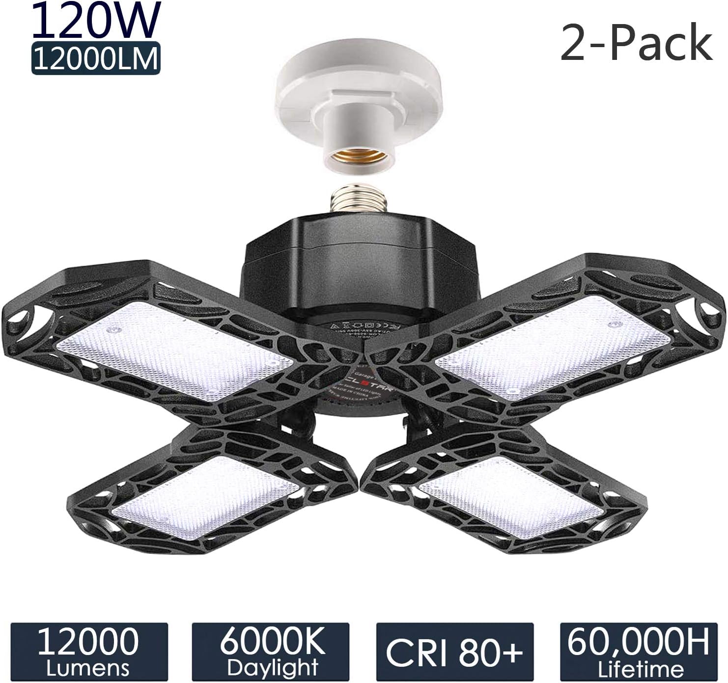 2-Pack LED Garage Lights 120W - 12000LM Garage Lights Ceiling LED, 6000K Four-Leaf Deformable LED Garage Lighting Fixture with Adjustable Multi-Position Panels, Best for Garage, Workshop
