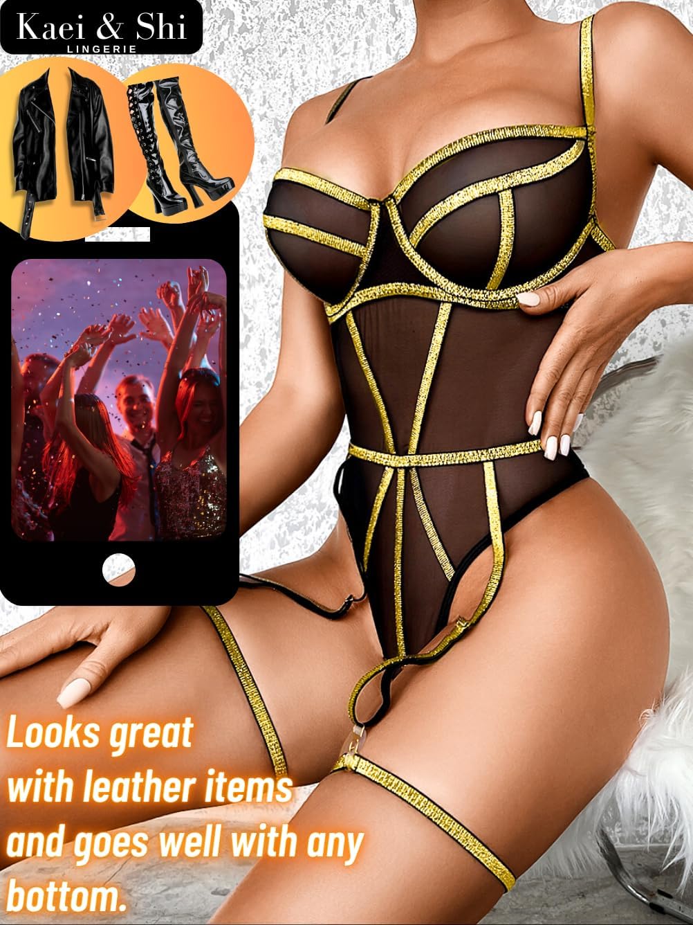 Kaei&Shi Rave Outfits For Women, Sparkly Strappy Corset Bodysuit, Festival Sequin Rhinestone Metallic, Sexy Mesh Lingerie - Image 3