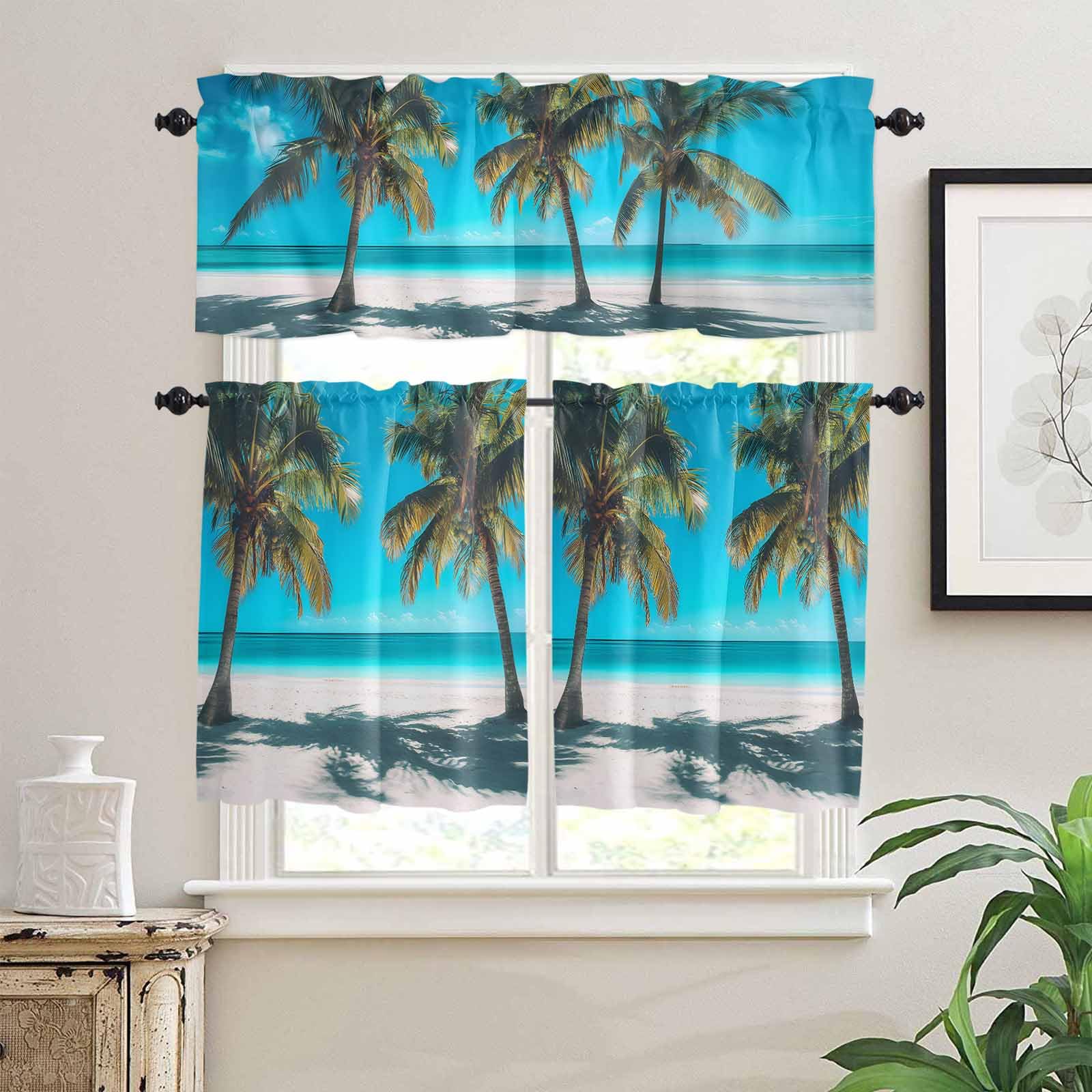 Ocean Beach Kitchen Curtains 36 Inch Length, 3 Piece Rod Pocket Small Half Tiers and Valance Set, Summer Coconut Coastal Sea Landscape Small Large Window Treatment Decor for Bedroom/Bathroom Sink