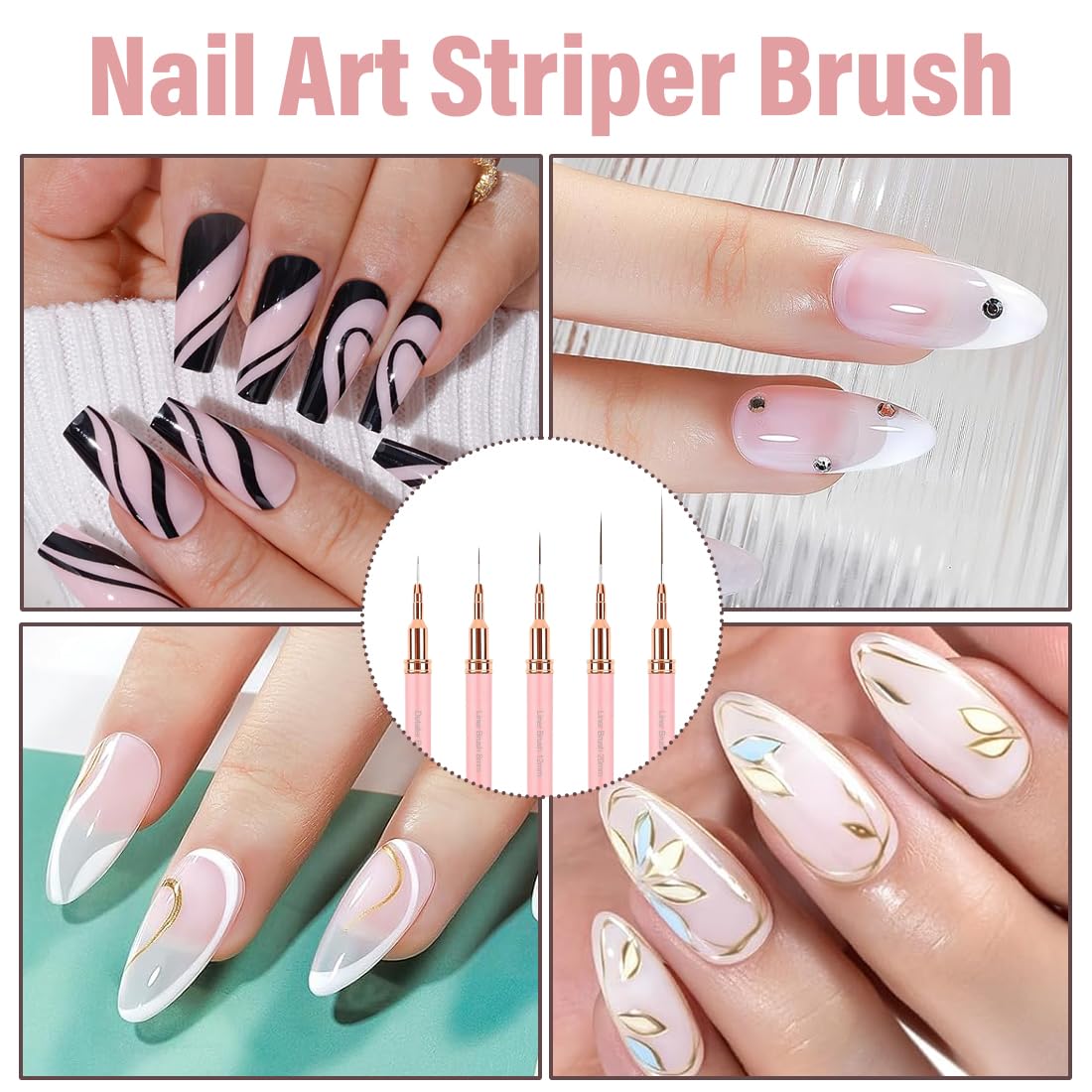 YAYNO Set Pennelli per Nail Art 5 Pezzi Pennelli dimensioni 6/9/12/15/18 mm Disegnare Linee Fini Attrezzo per Unghie Pennelli Liner di Precisione per disegnare e punteggiare le unghie