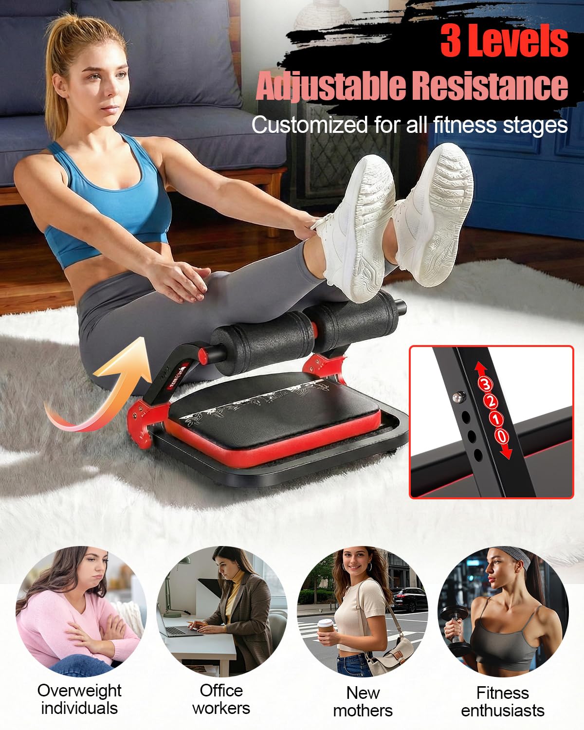 8-in-1 Fitnessgerät für Zuhause, klappbarer Bauchtrainer & Bauchmuskeltrainer & Rückentrainerbis 110 kg, Sportgerät für Ganzkörper, Workout,Zuhause & Büro, Enthält 2 Widerstandsbänder