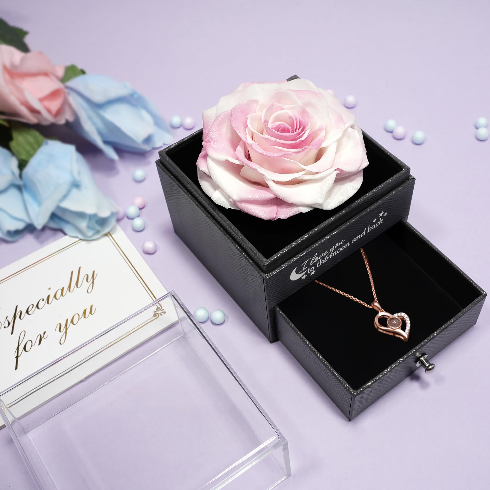 Yamonic Rosa Eterna Regalo Donna,Rosa Stabilizzata con Collana Donna,Regali San Valentino per lei,Idea Regalo per Lei,Confezione Regali Compleanno Anniversario Festa della Mamma Natale