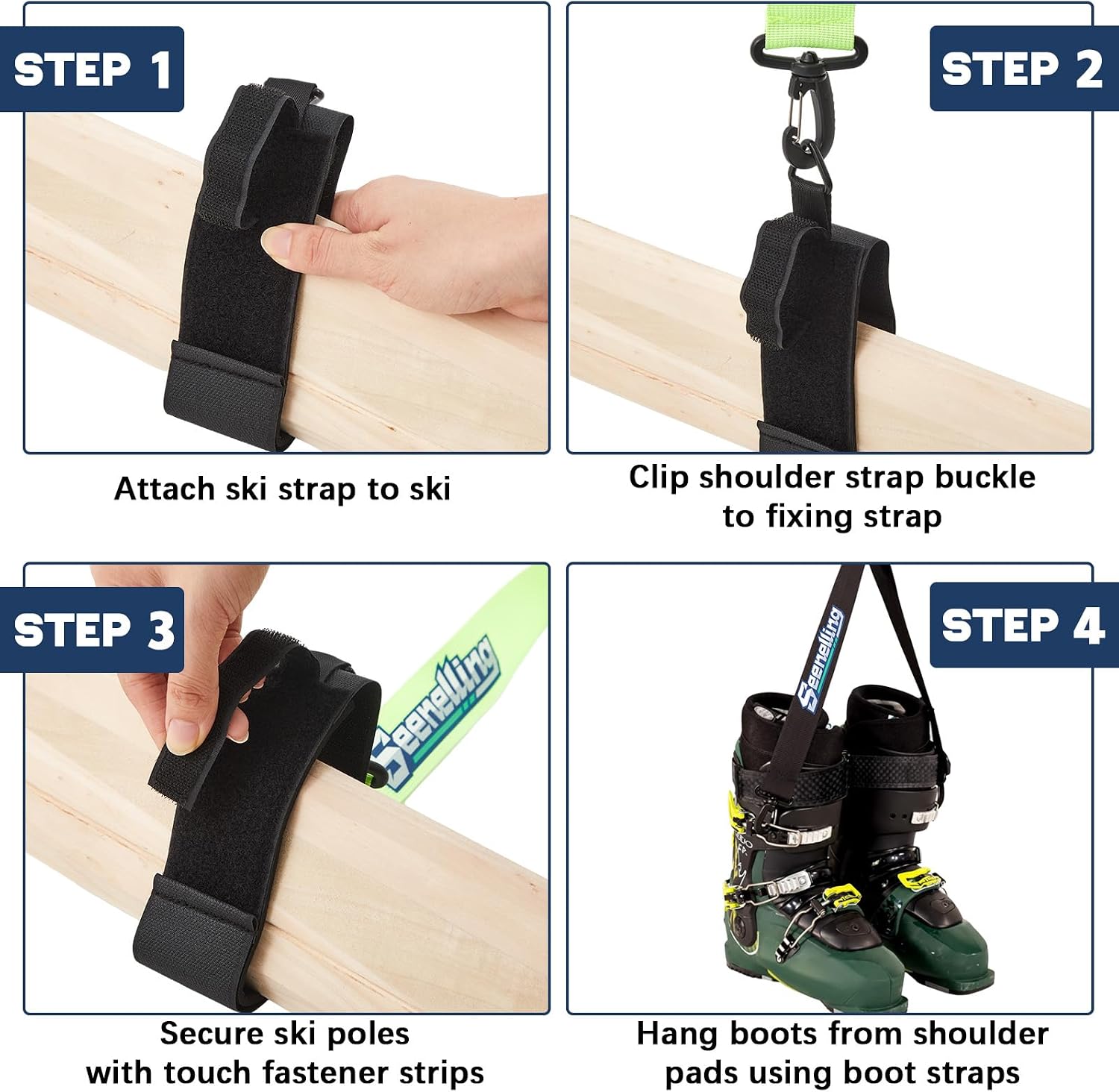 Seenelling 4 Pcs Ski Boot Carrier Straps with Shoulder Slings Adjustable | Anti Slip Design for Boots, Cushioned Shoulder Pads, Adjustable Buckles for Poles, Outdoor Winter Essential for Men Women
