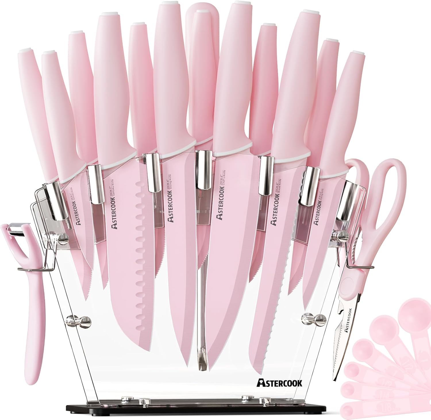 Astercook Knife Set with Block and Sharpener, 22 Piece Kitchen Knife Set Dishwasher Safe, Space-Saving Clear Knife Block with Knives for Everyday Home Cooking Pink