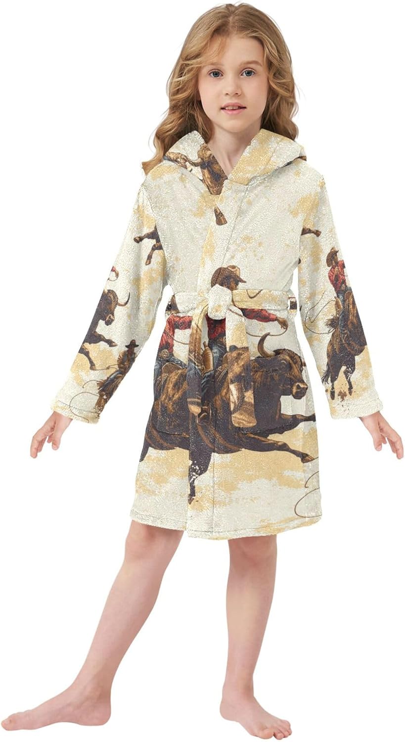 Cowboys Riding Bulls Bathrobe Hooded PJ Robe Soft Fleece Robe Pajama Sleepwears 2-12 Years