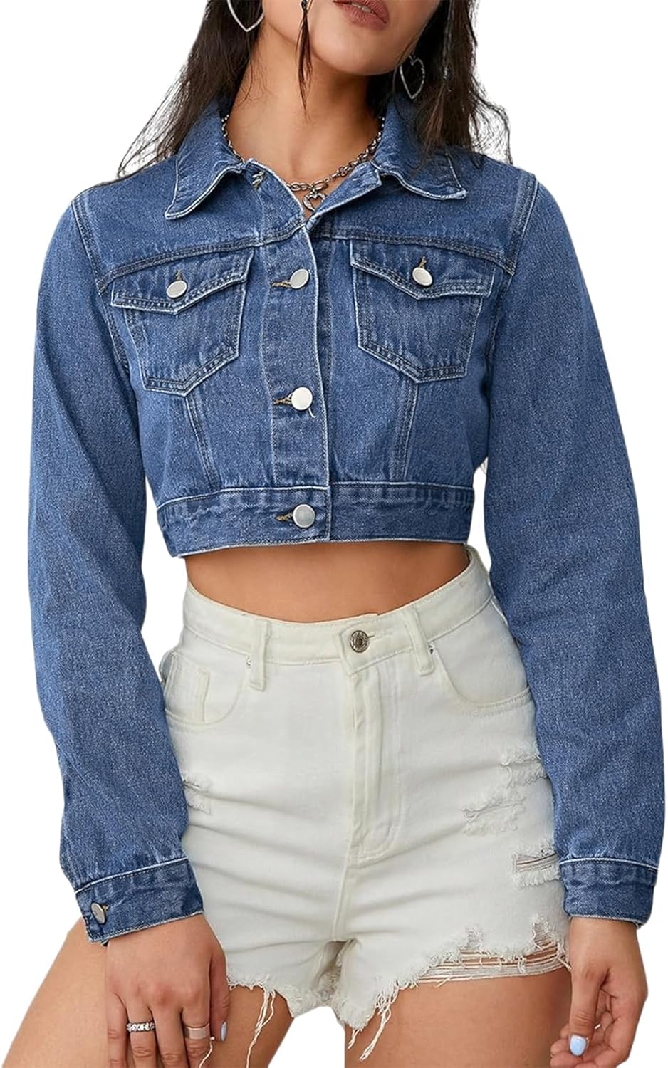 Women's Cropped Denim Jean Jacket Button Down Frayed Washed Long Sleeve Casual Jacket Coats