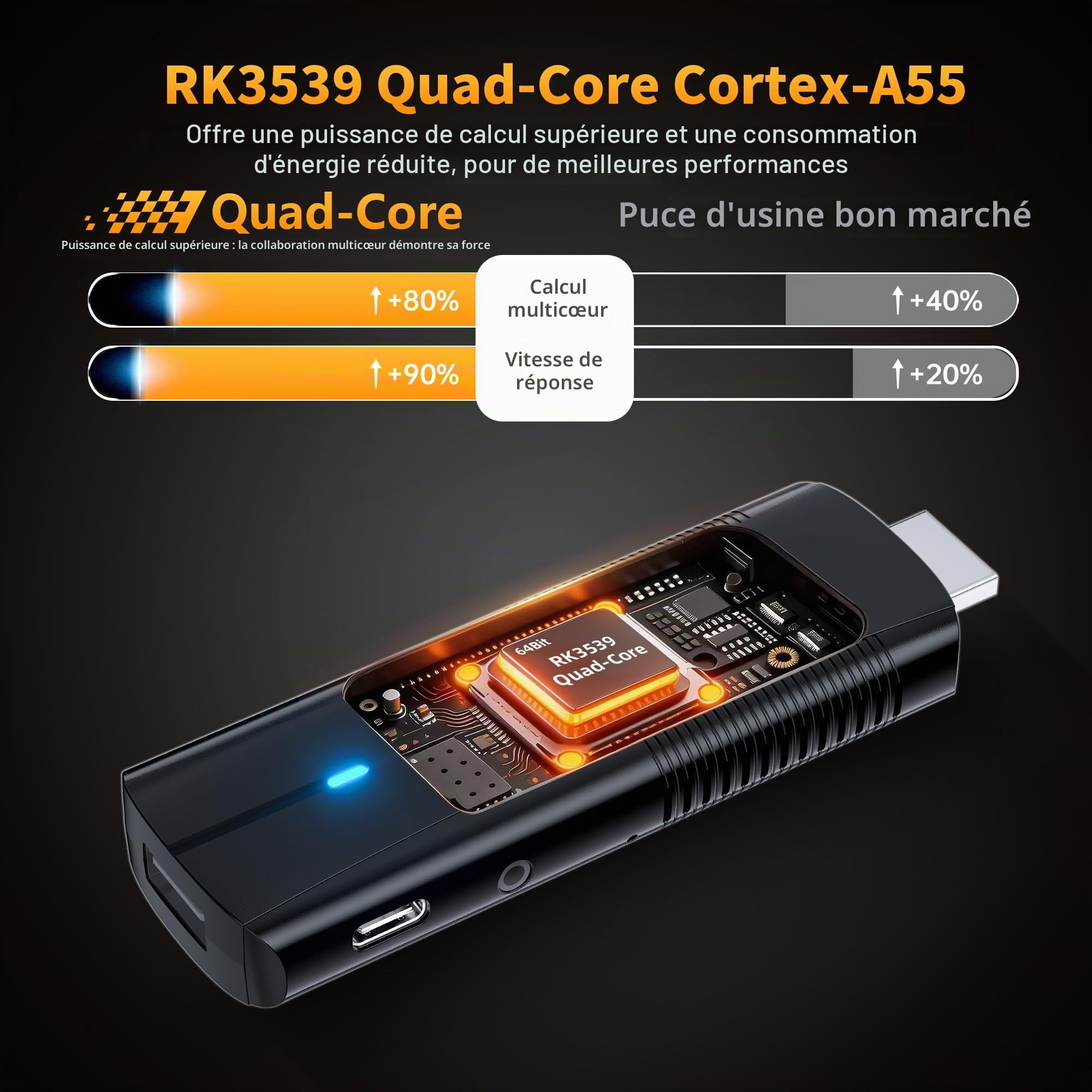 Clé TV Android 14, RK3539 Quad-Core, 2 Go de RAM 16 Go de ROM, WiFi 6, BT 5.4, 4K