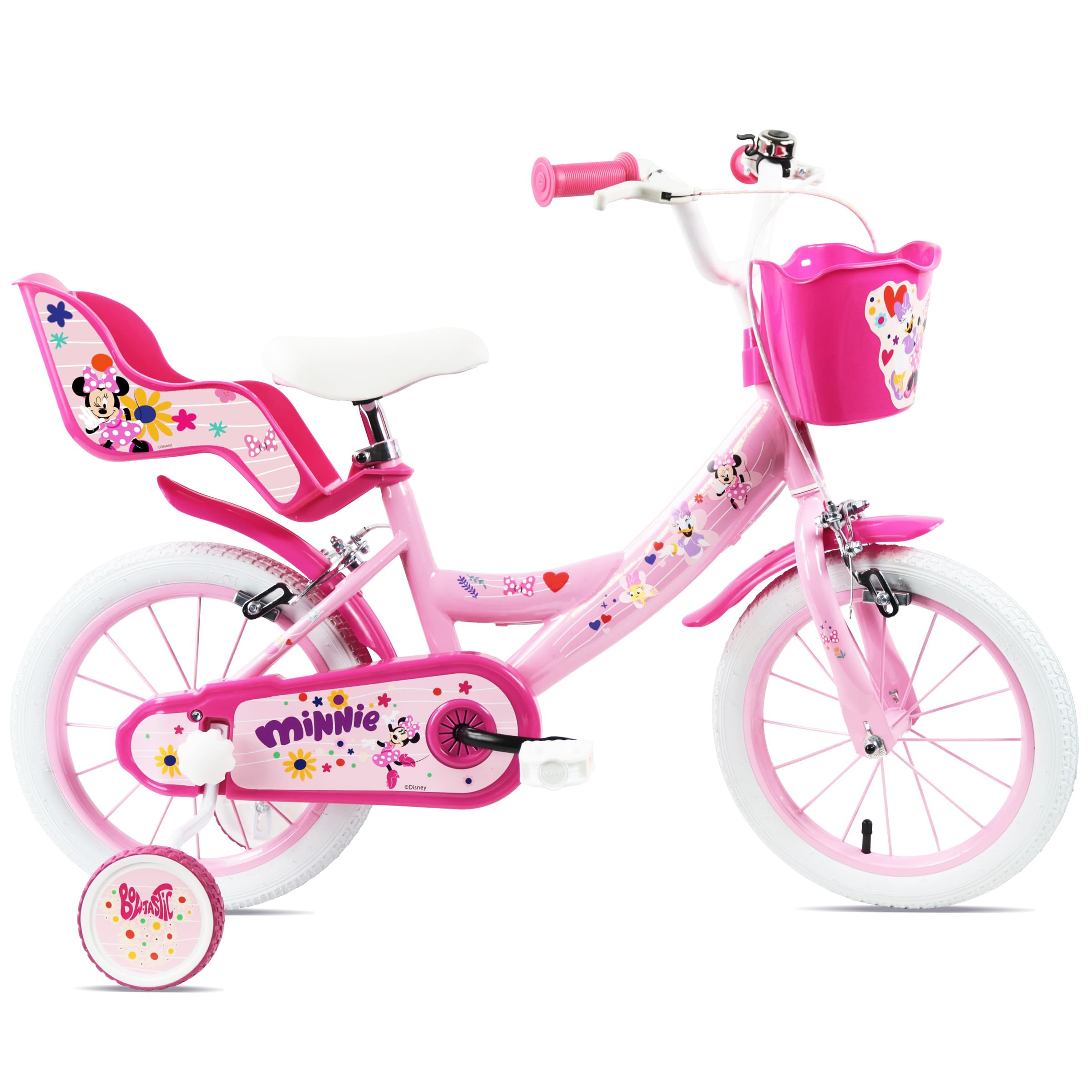 Disney Minnie Mouse Girls Bike, 14 Inch, Pink, Steel Frame, with Training Wheels, Front Basket and Rear Dolly Carrier, Ages 4 to 6
