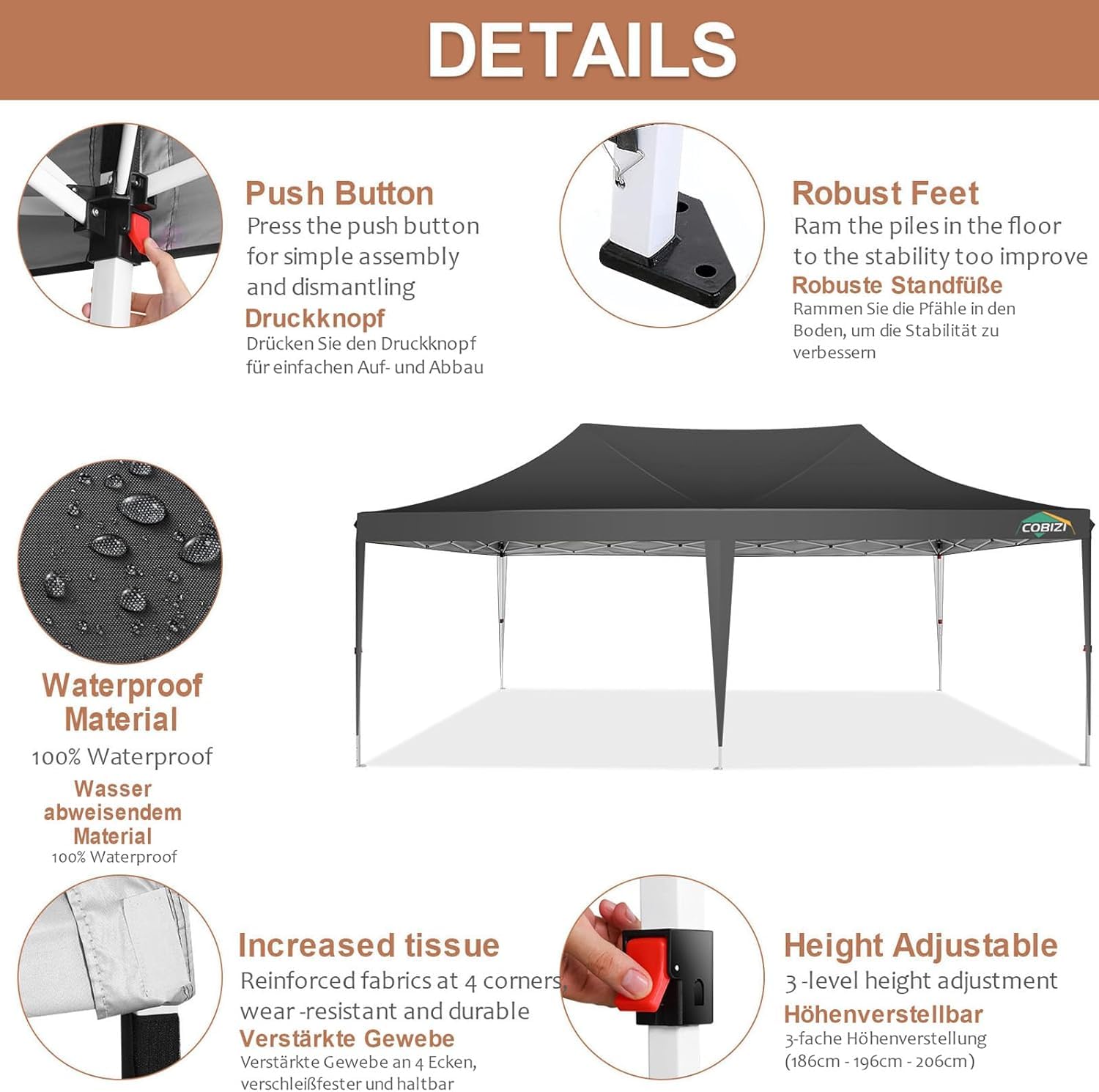COBIZI Pavillon 3x6m Wasserdicht Stabil mit 6 Seitenteilen,Schwarz | Faltpavillon 3x6 Partyzelt Pop Up Camping Gartenzelt Gartenpavillon für Garten, Party, Festival, Hochzeit, UV-Schutz