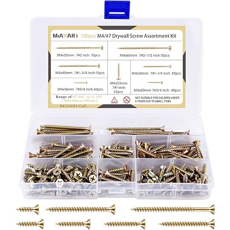 MIAHART 180 Pcs #7 Zinc Plated Drywall Screw Assortment Thread Sharp Point Self Tapping Screws Drywall Screws for Drywall Sheetrock Wood Furniture and Cabinet (Zinc Plated)