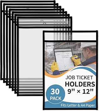 Binditek 30 Pack Heavy Duty Job Ticket Holders, 9 x 12 Inch Black Dry Erase Pockets, Reusable Clear Plastic Sleeves for Letter Size & A4 Papers, Shop Ticket Holders for Office & Classroom