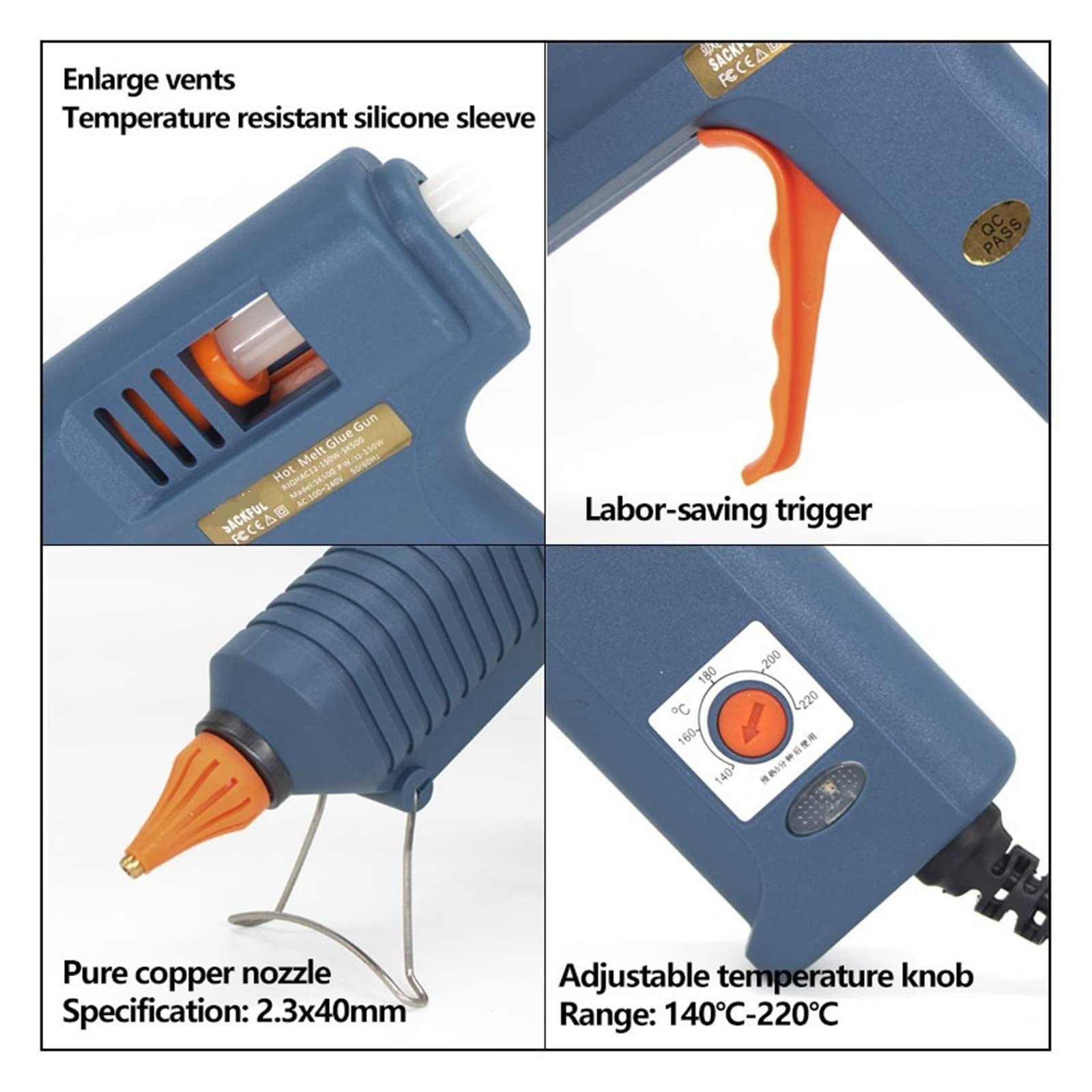 Pistolet na gorący klej, 150W regulowana temperatura dysza pistoletu do klejenia 11mm kleje w sztyfcie profesjonalny przemysłowy pistolet do topienia klej gorący pistolet do domu DIY, prezenty świątec