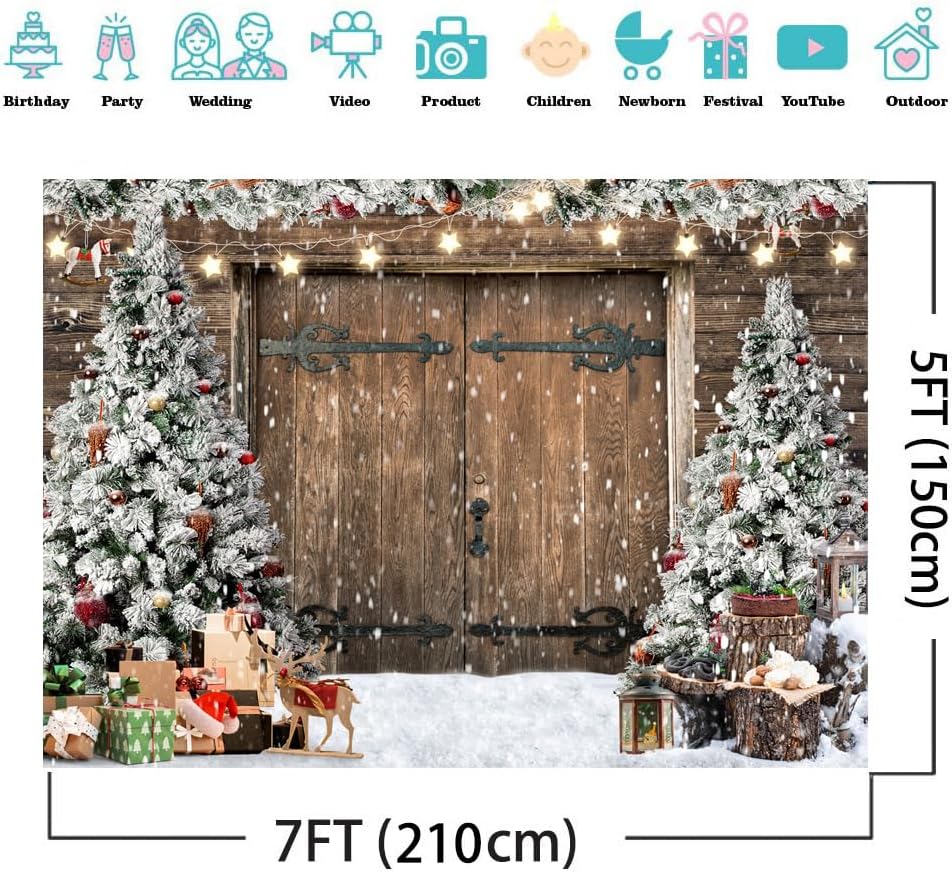AIIKES 7X5FT Christmas Backdrop Winter Christmas Rustic Barn Wood Door Photography Backdrop Xmas Tree Snow Gift Family Holiday Party Decor Backdrop Photo Studio Props 12-630