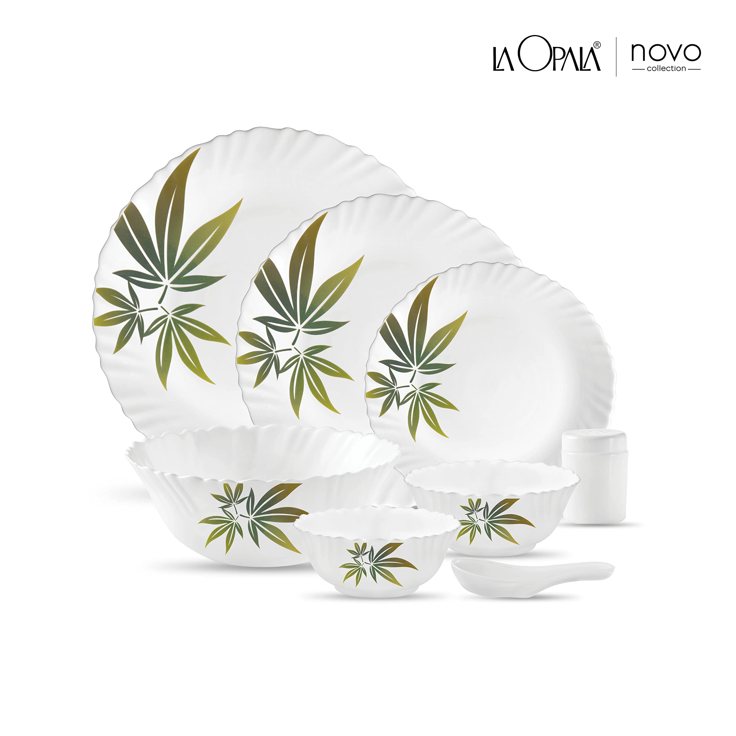 La Opala Novo Collection Opal Glass Crockery | for Family of 6 | Dinner Set 35 pcs Trinty Green | Plates & Bowls for Dining | Microwave Safe | 100% Vegetarian | Extra Strong | Light & White - Image 2 thumbnail