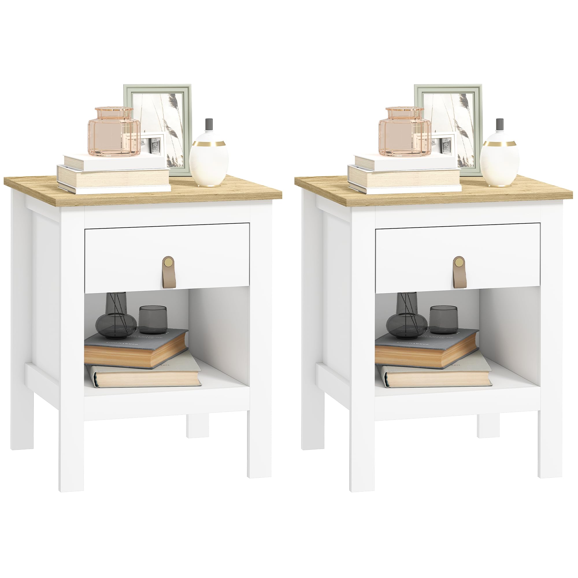 HOMCOM Set 2 Comodini Camera da Letto con Cassetto e Ripiano Aperto Portaoggetti, Coppia di Comodini Moderni in Legno, Tavolini per Divano, Soggiorno, Salotto, 45x40x55 cm, Bianco e Rovere