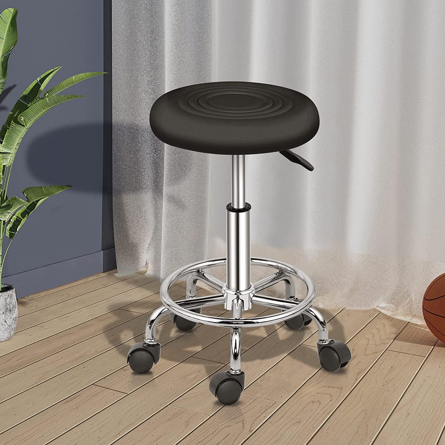 Sgabello con Ruote Regolabile in Altezza in Pelle PU, Sedia da Lavoro Imbottita con Cuscino in Pelle, per Bar, Casa, Parrucchiere,Ufficio (2,Nero)