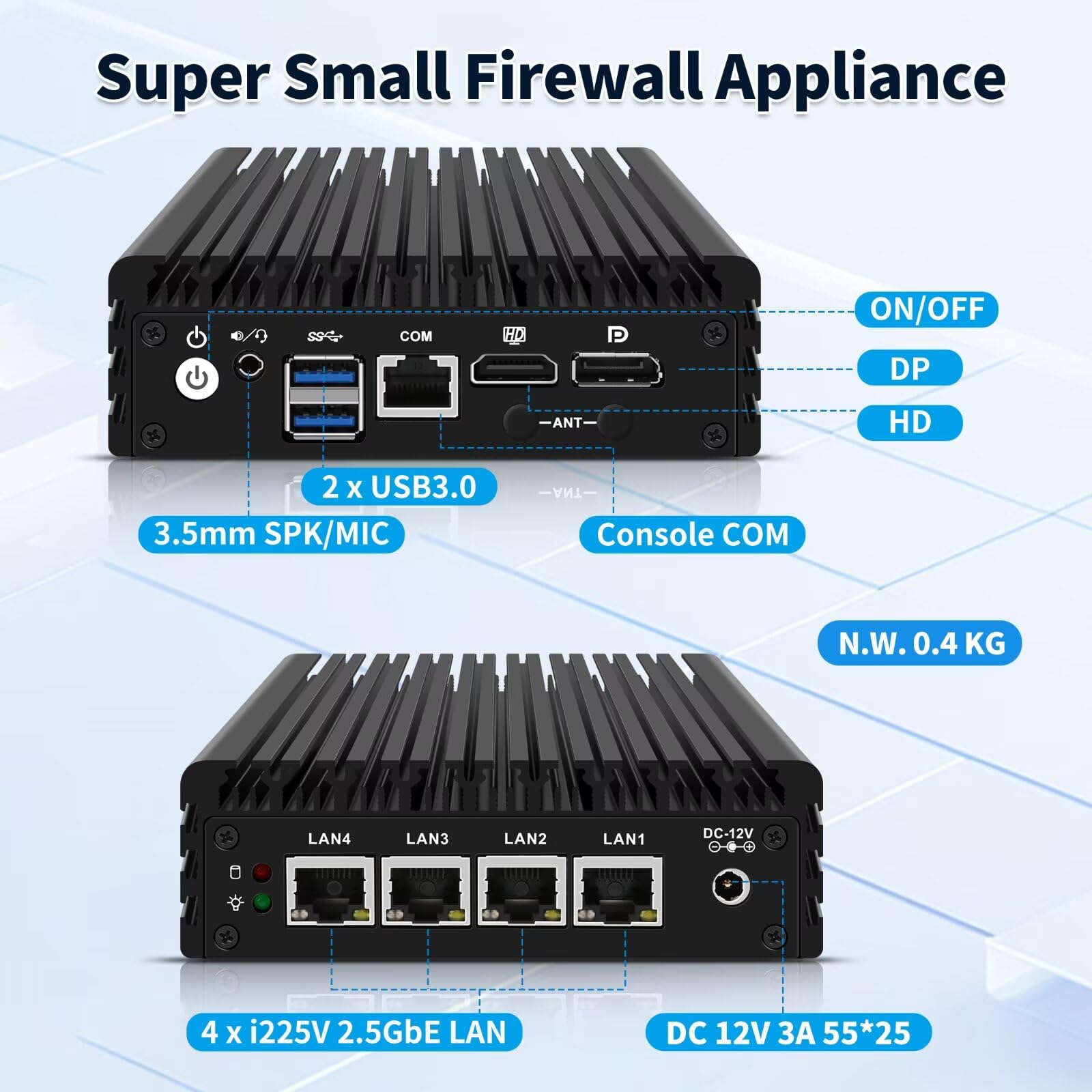 Glovary Firewall Mini PC J3710 Quad Core, 4 x i225V 2.5GbE LAN Fanless OPNsense Appliance, 8GB RAM 128GB SSD, F3 Micro Router Computer Hardware, AES-NI, HD+DP Dual Display, Console, 2USB3.0, SPK/MIC - 4