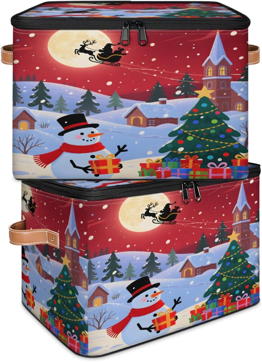 Storage Bin Set of 2 Xmas Tree Santa Snowman Storage Basket with Zipper Lid & Handle Foldable Closet Shelf 2 Pack Cloth Organizer Basket Cube Bins for Bedroom, Nursery