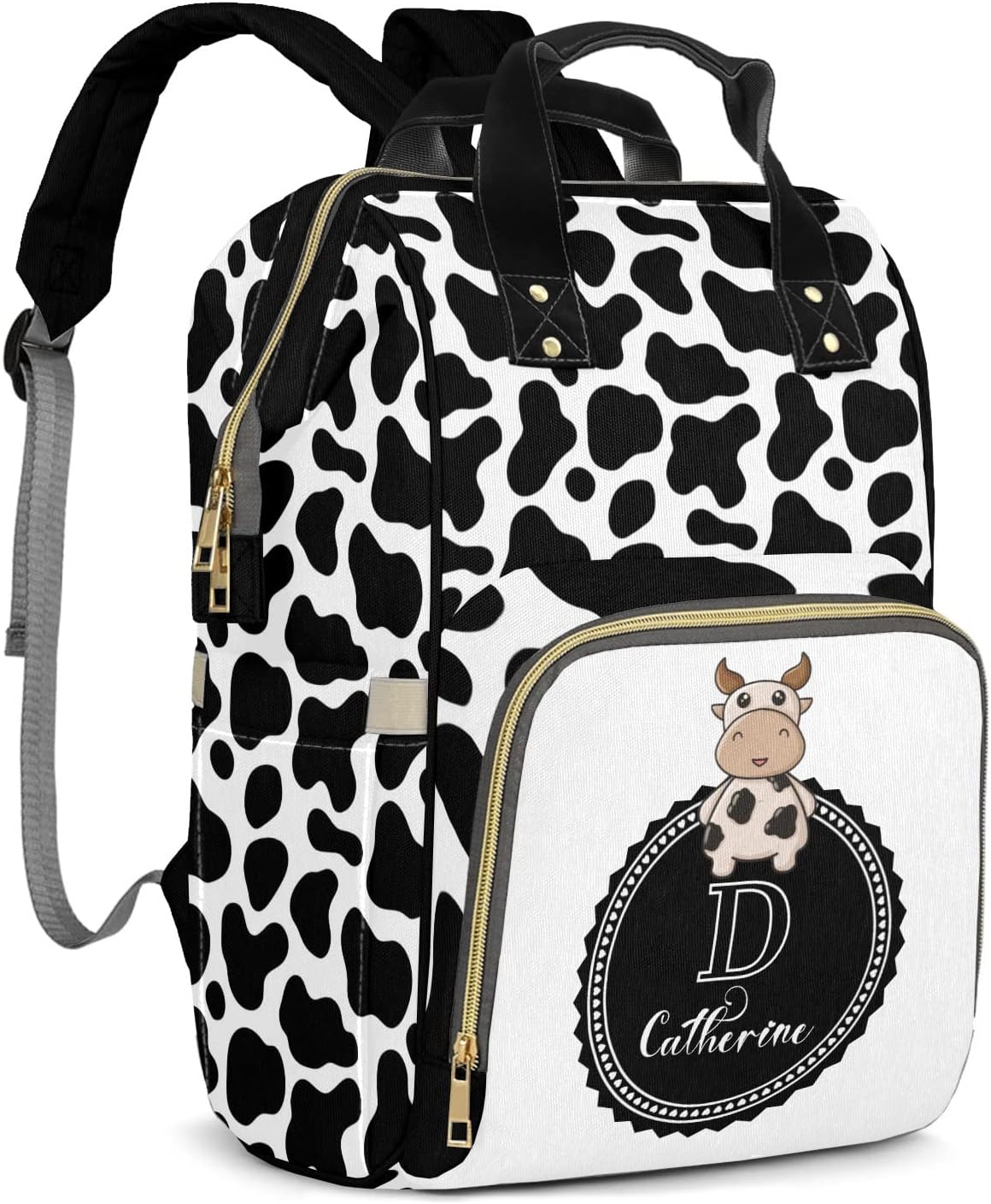 zaaprintblanket Personalized Black Cow Pattern Print Waterproof Diaper Bag for Women Mommy Girl Gift