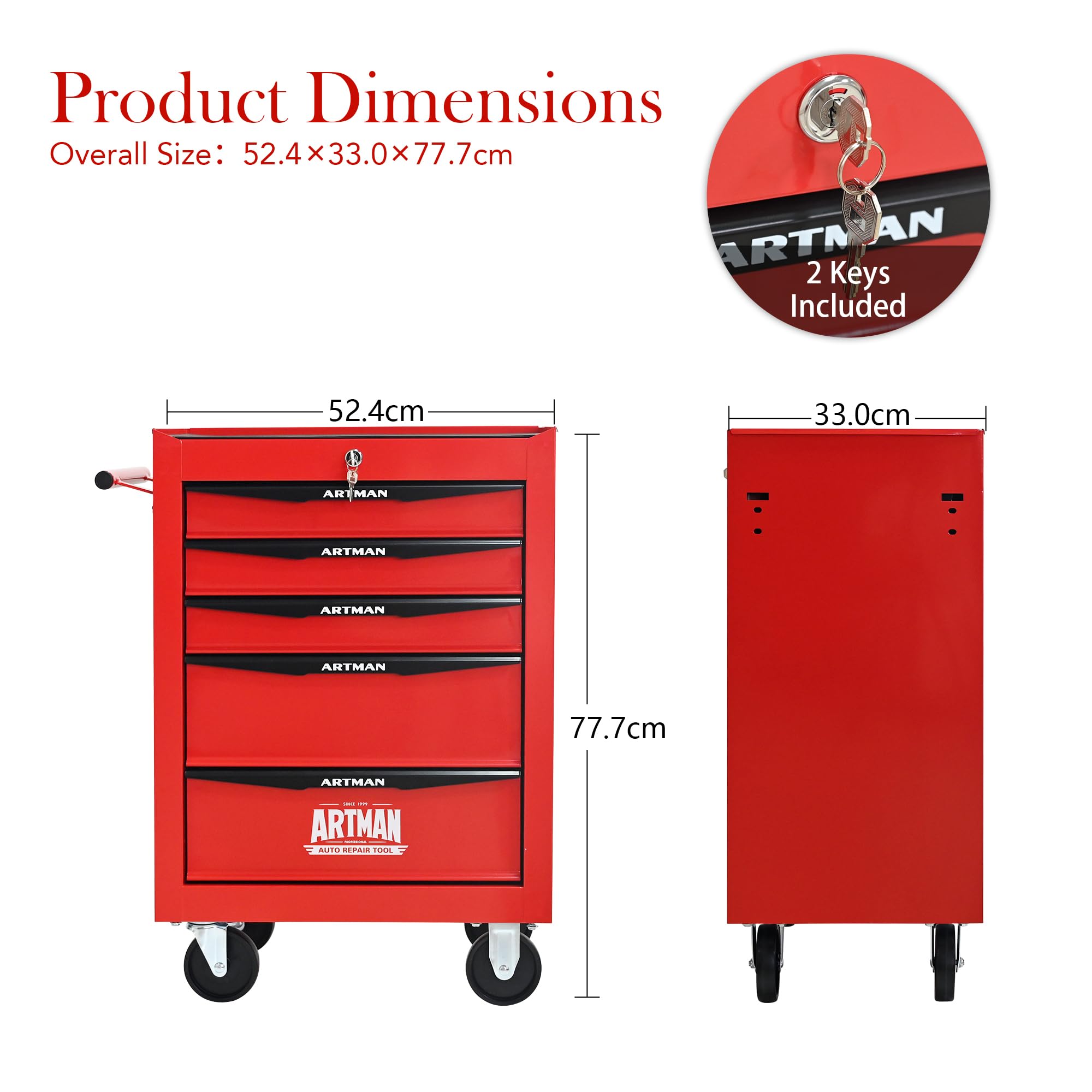 Generisch Carrello portautensili a 5 cassetti con ruote, mobile con cassetti con cuscinetti a sfera, robusta cassetta degli attrezzi in acciaio rosso/nero per garage e officina