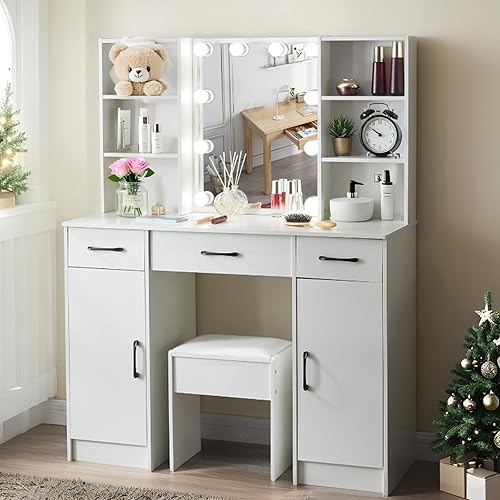 Miniatura 26 de Escritorio pequeño de tocador con espejo y luces, tocador de maquillaje con 6 cajones, 6 estantes y espejo LED deslizante, 3 modos de luz ajustable,