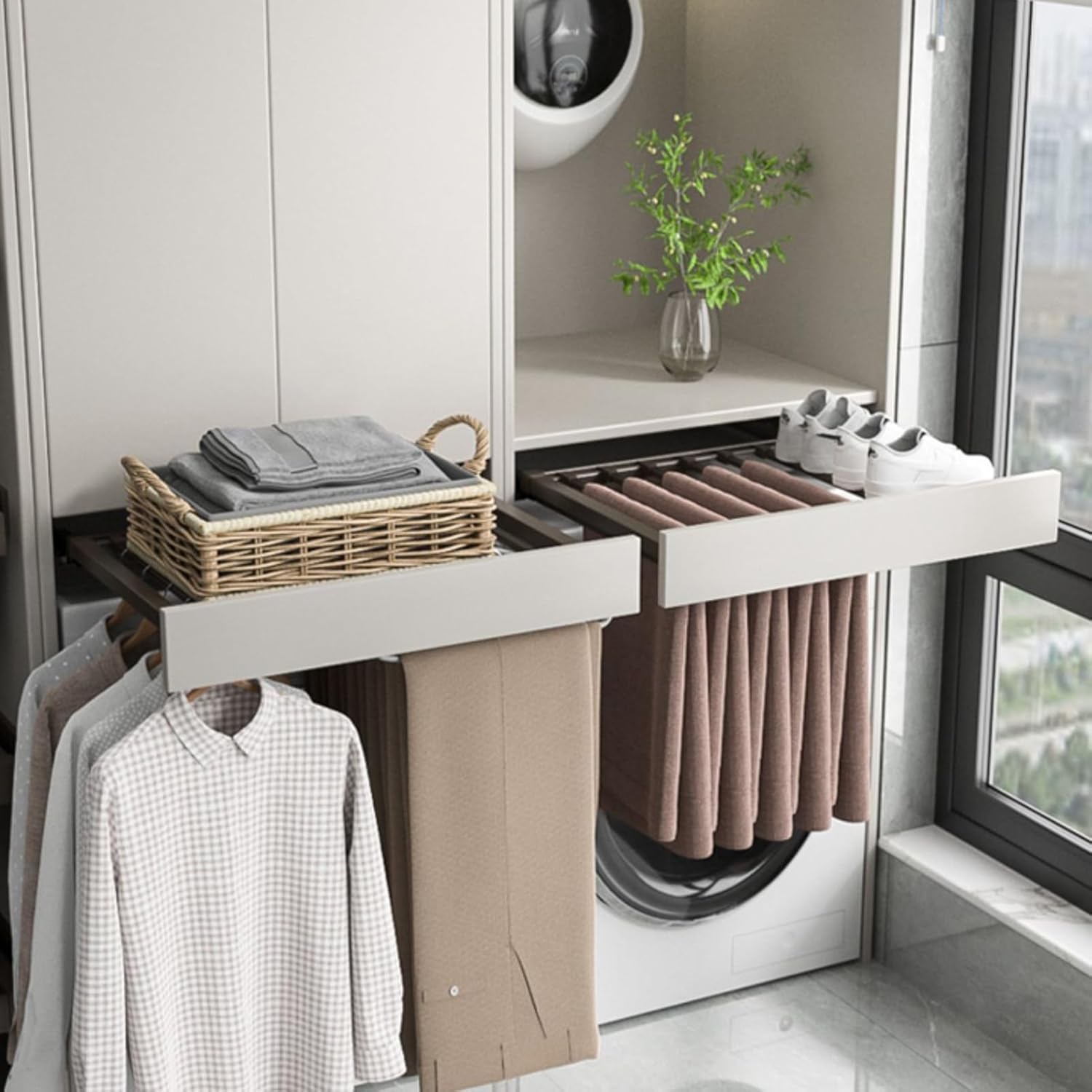 Space-Saving Under Cabinet Drying Rack, Adjustable Retractable Pants Organizer for Wardrobe, Over Washing Machine, 624-650mm Length, Efficient Laundry Storage Solution