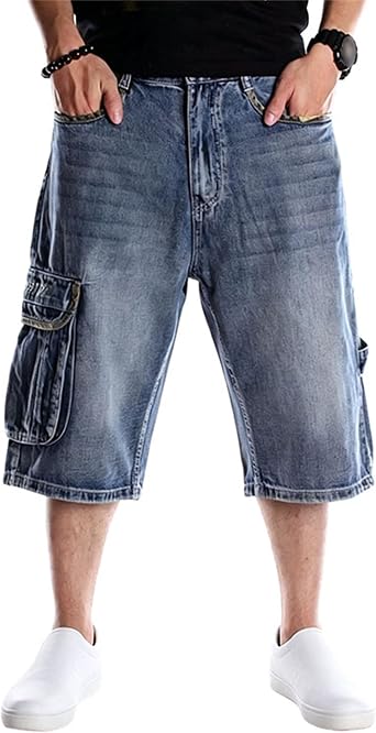 Mens Baggy Cargo Jean Shorts Loose Hip Hop Skateboard Jorts Casual Vintage Washed Long Denim Shorts Multi Pockets